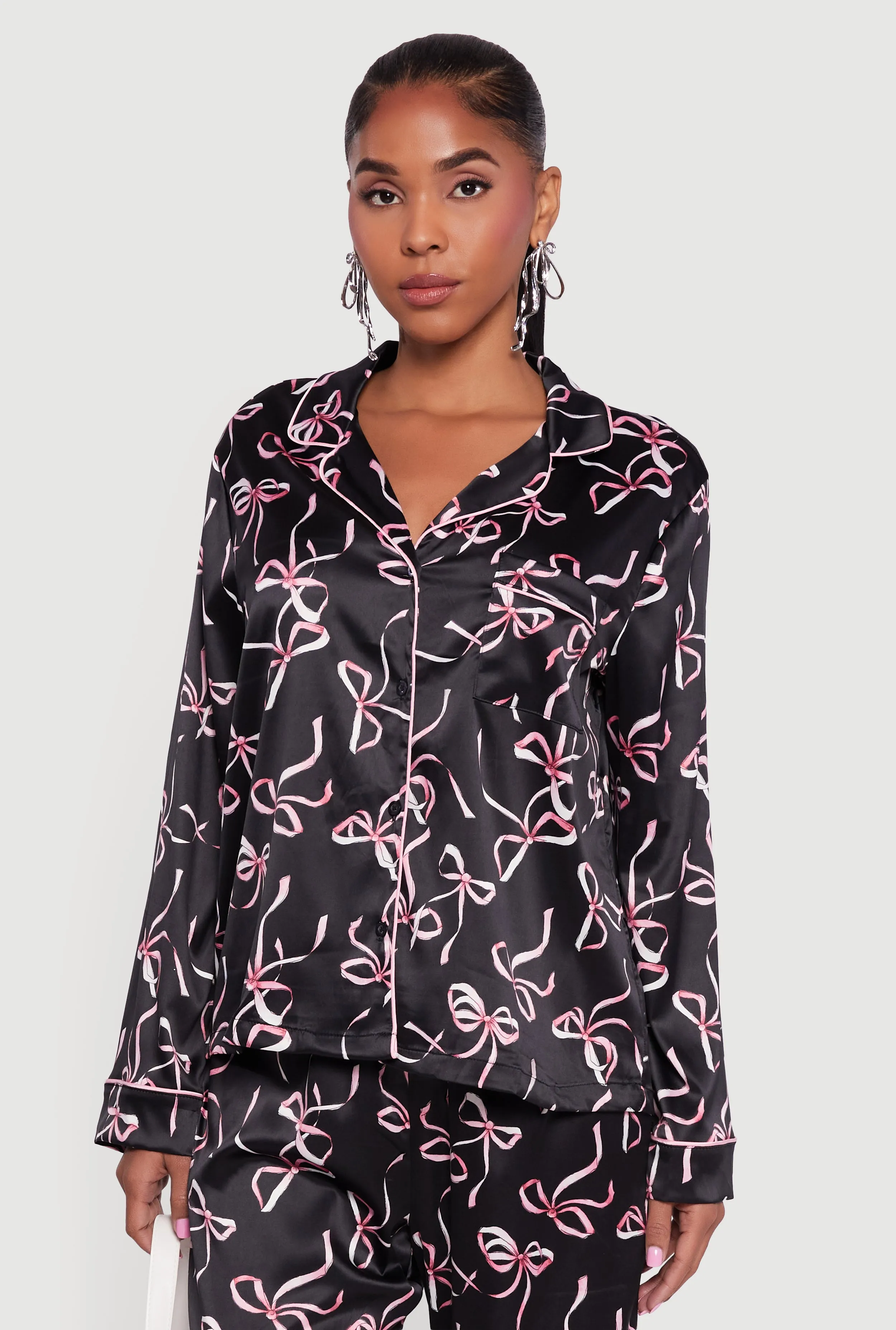 Satin Bow Print Long Sleeve Button Front Shirt sold by Rainbow product image thumbnail 3
