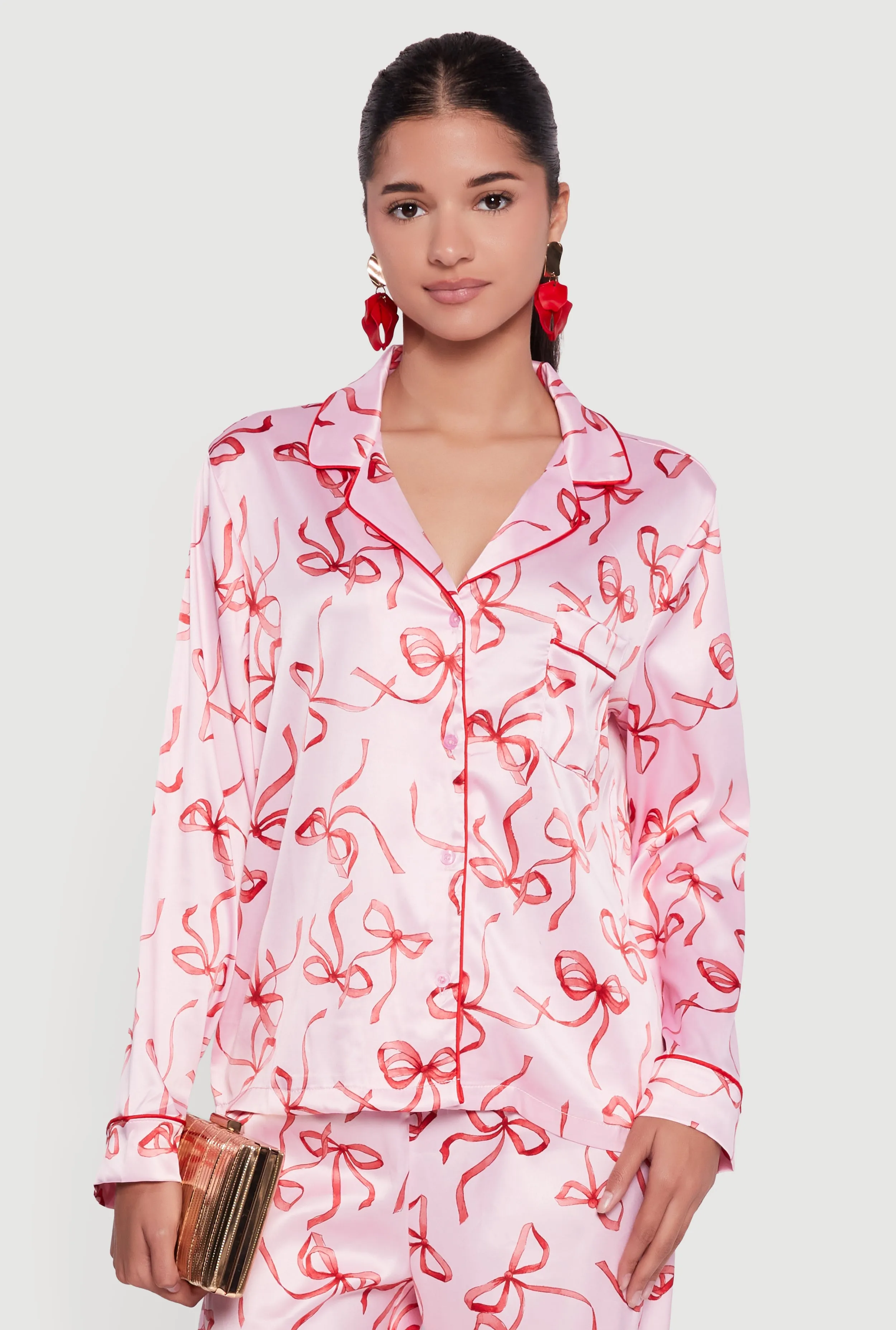 Satin Bow Print Long Sleeve Button Front Shirt sold by Rainbow