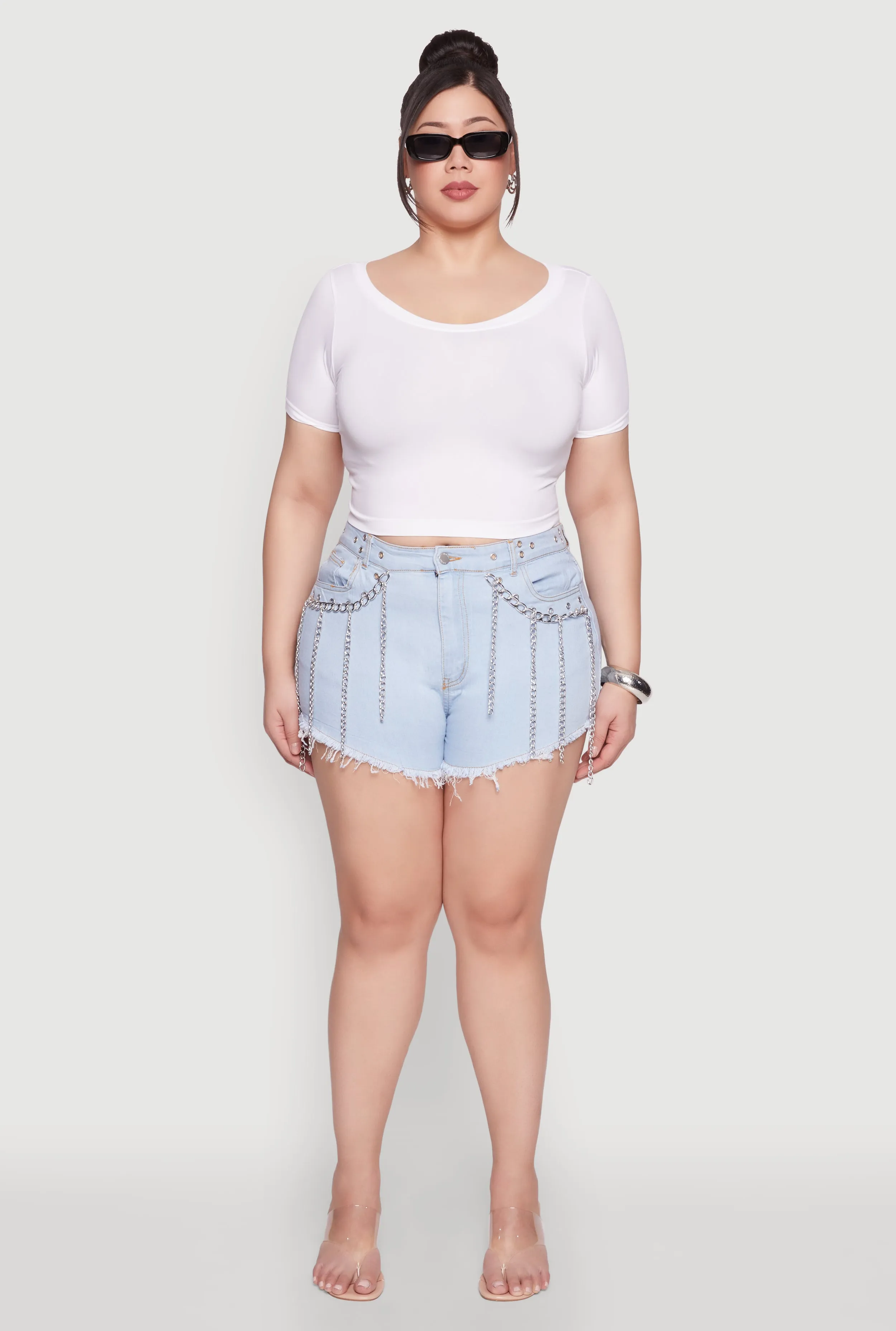 Plus Size Daisy Grommet Chain Fringe Denim Shorts sold by Rainbow