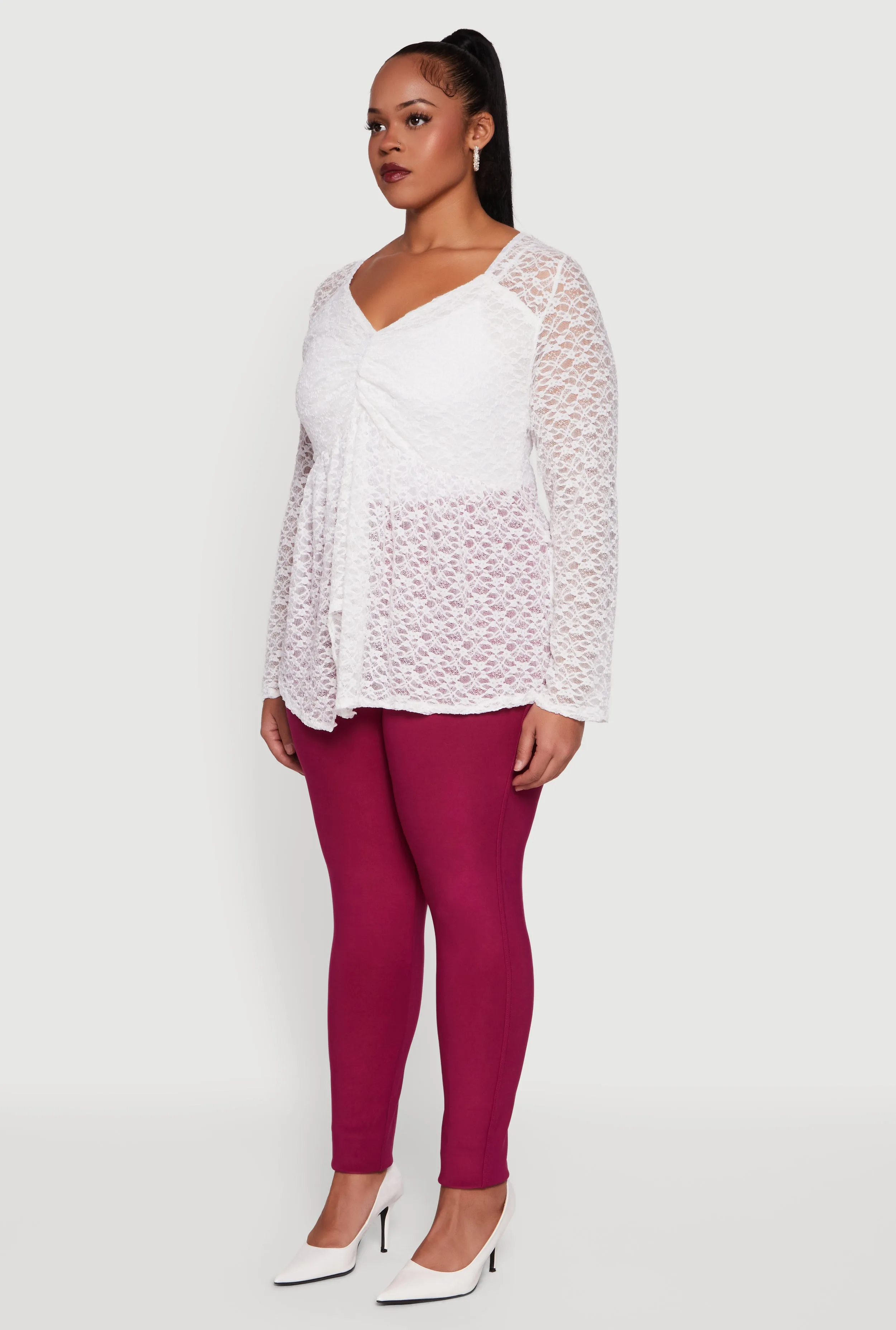 Plus Size Asymmetrical Hem Rouched Front Lace Blouse sold by Rainbow product image thumbnail 5