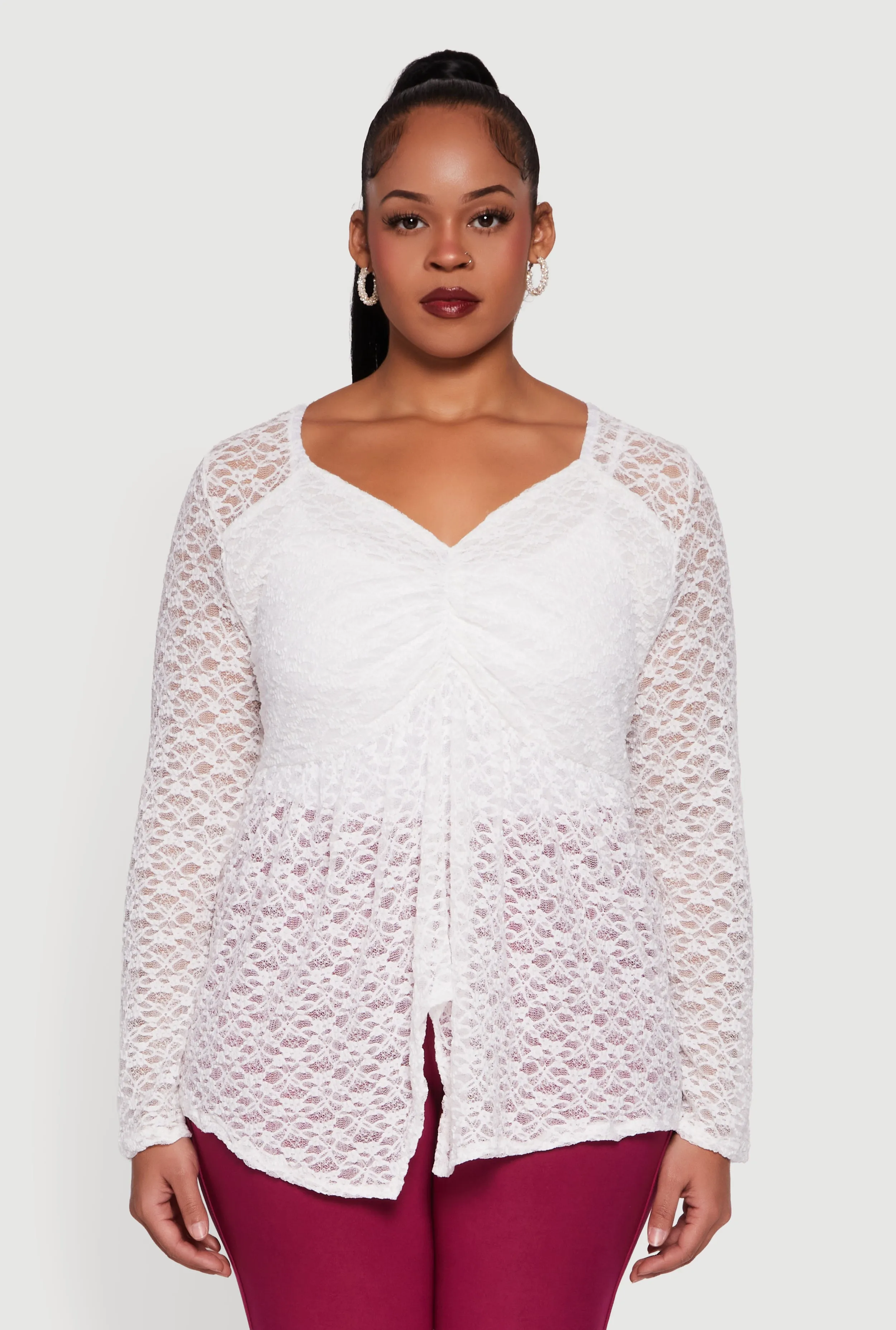 Plus Size Asymmetrical Hem Rouched Front Lace Blouse sold by Rainbow product image thumbnail 2