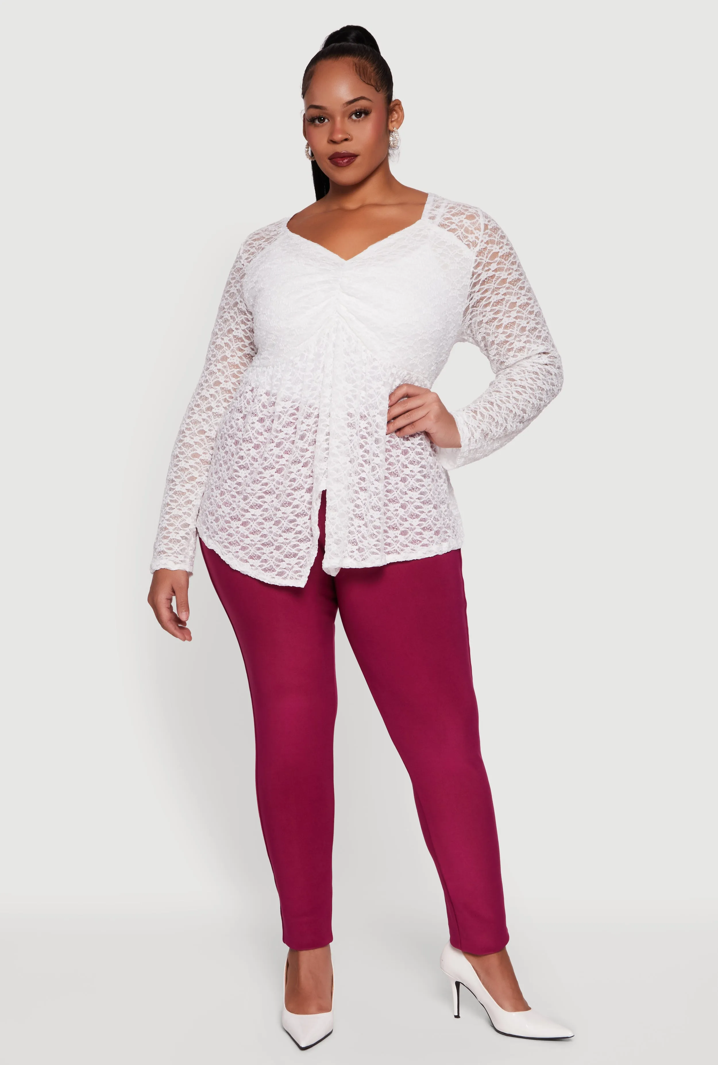 Plus Size Asymmetrical Hem Rouched Front Lace Blouse sold by Rainbow product image thumbnail 3