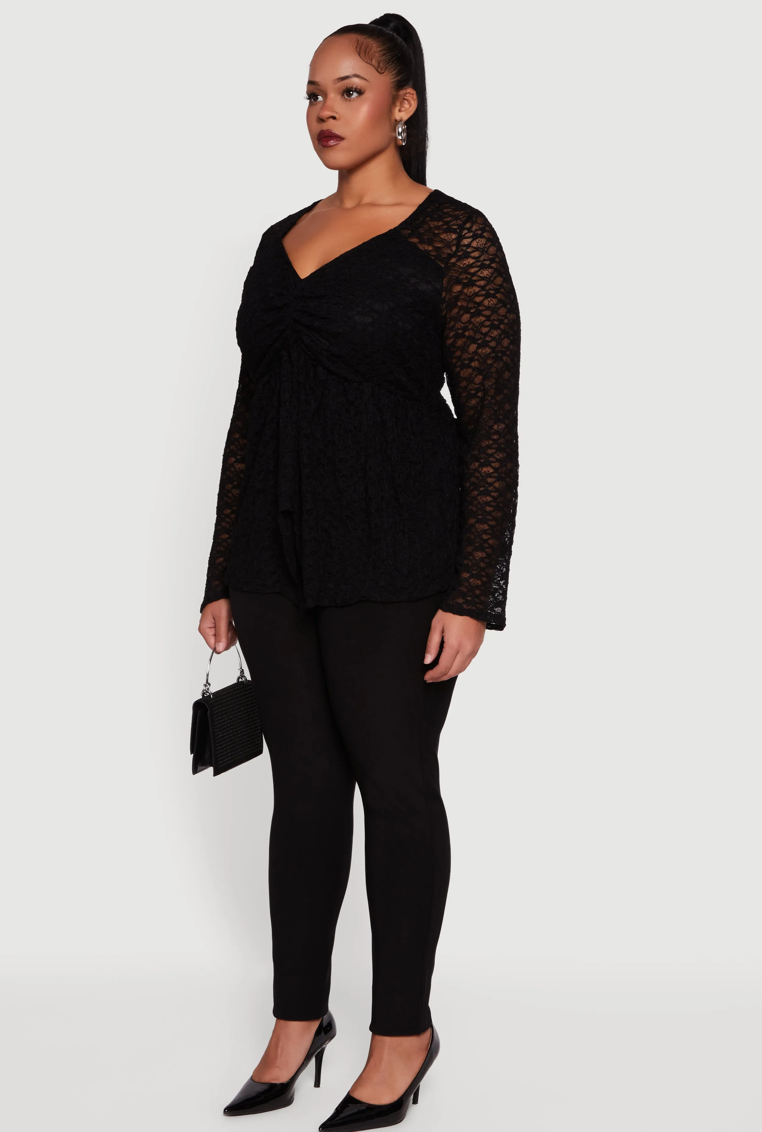 Plus Size Asymmetrical Hem Rouched Front Lace Blouse sold by Rainbow product image thumbnail 5