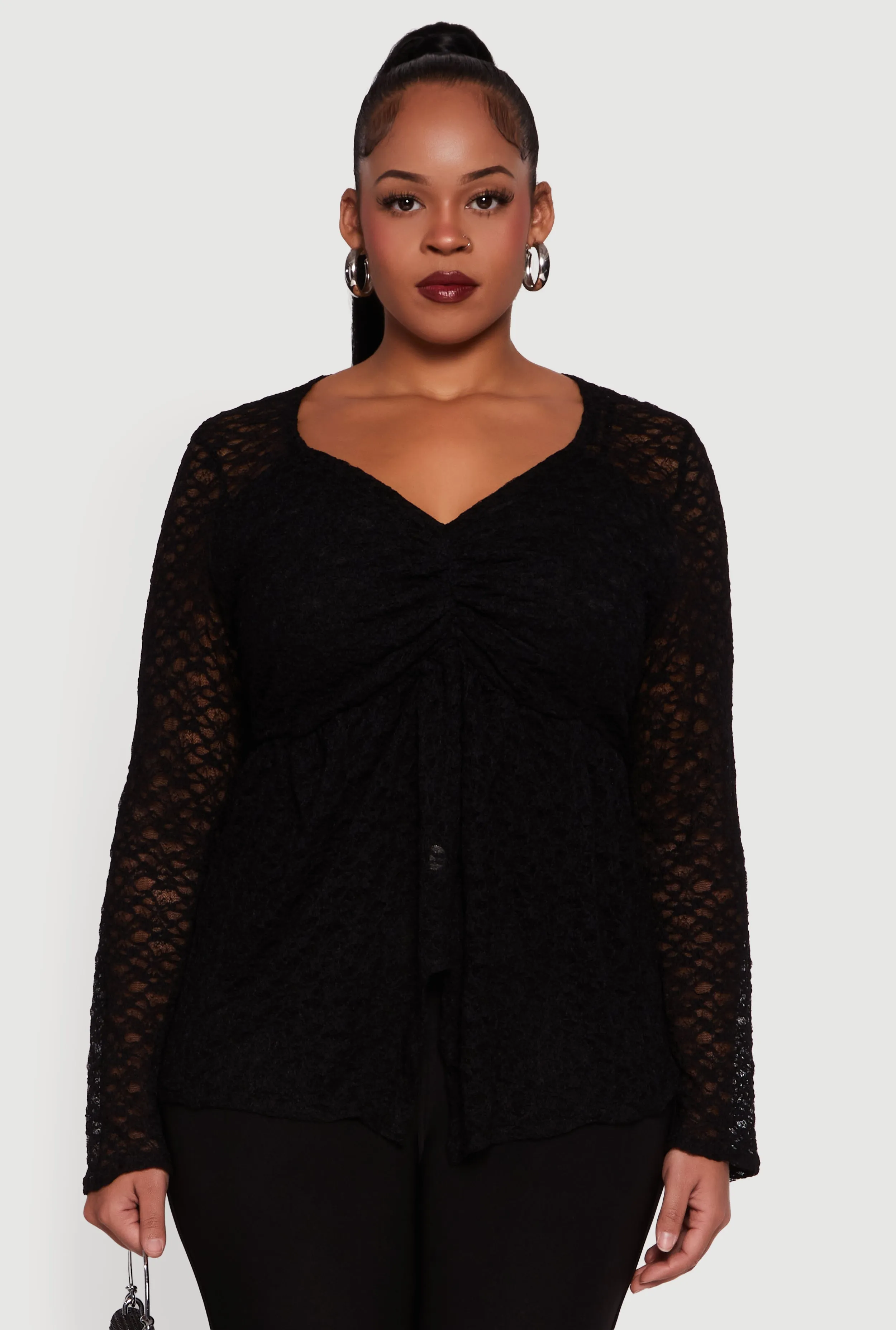 Plus Size Asymmetrical Hem Rouched Front Lace Blouse sold by Rainbow product image thumbnail 2