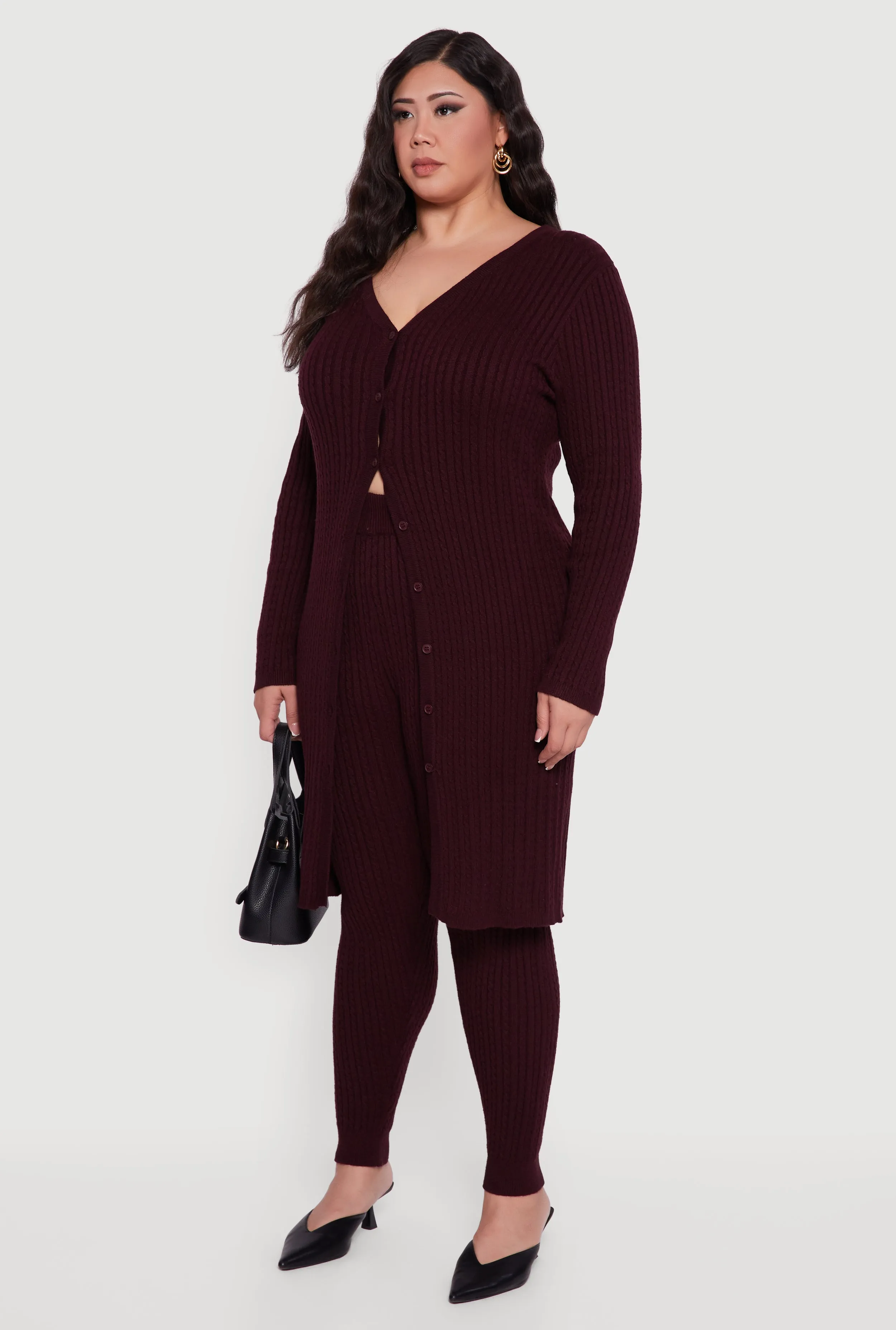 Plus Size Button Front Cable Knit Long Cardigan sold by Rainbow product image thumbnail 3