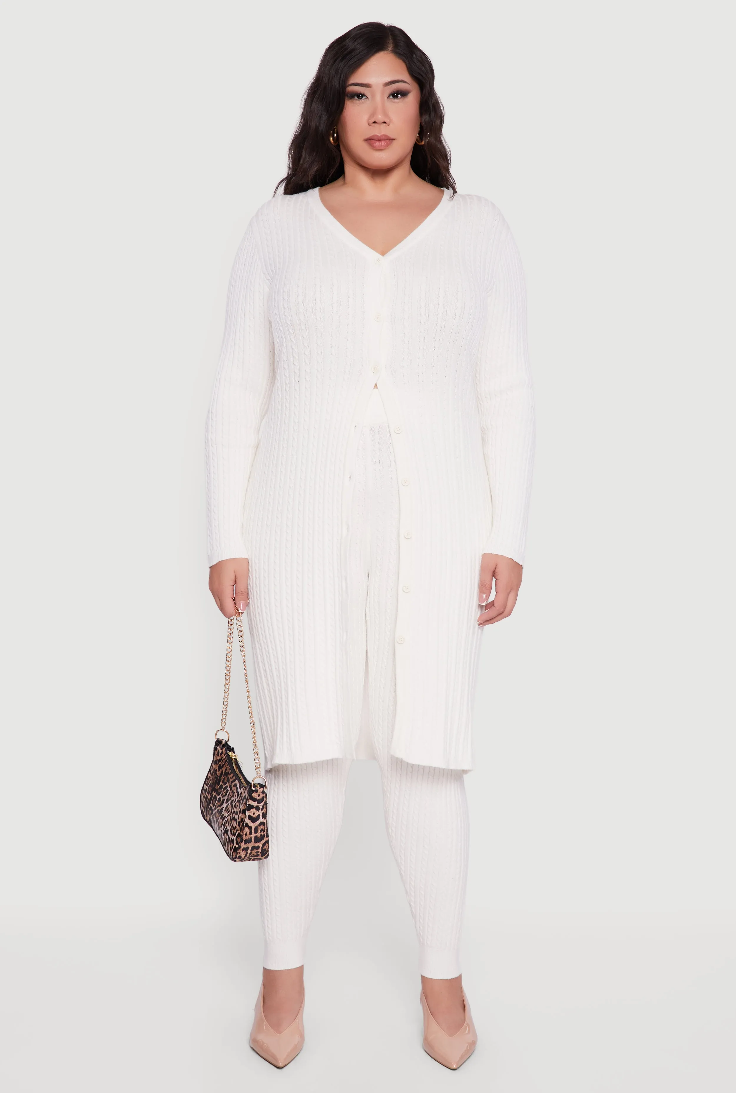 Plus Size Button Front Cable Knit Long Cardigan sold by Rainbow product image thumbnail 2