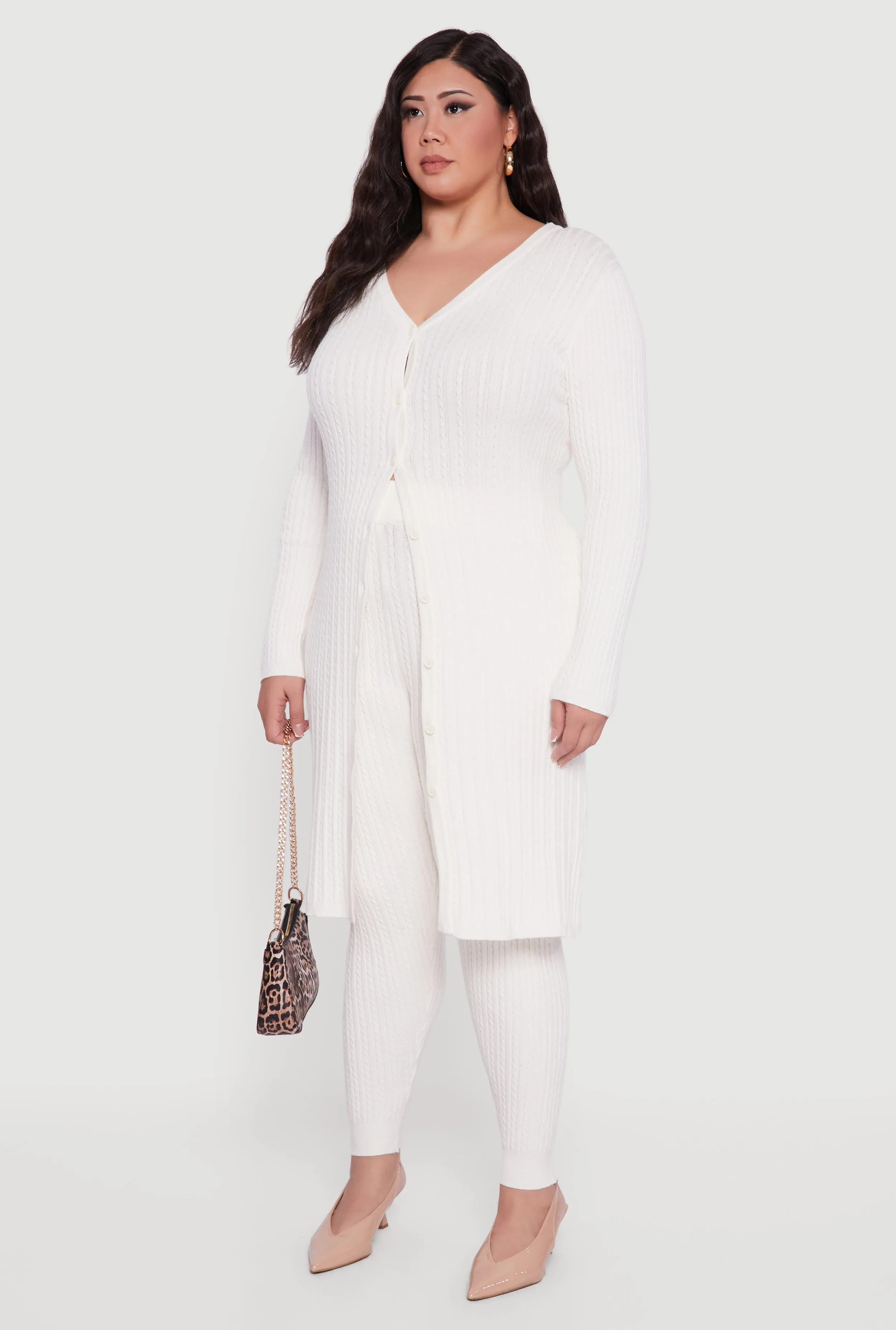 Plus Size Button Front Cable Knit Long Cardigan sold by Rainbow product image thumbnail 3