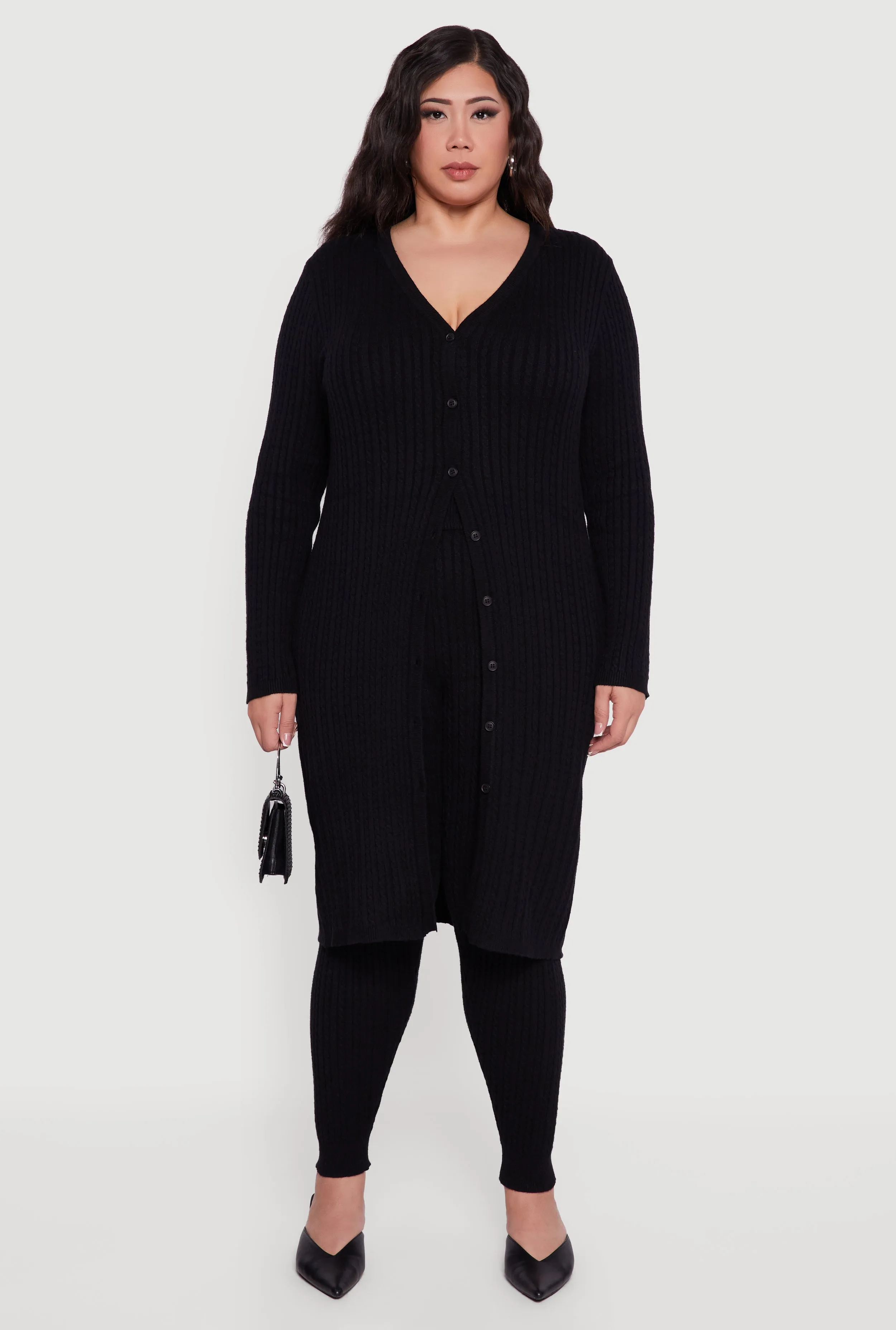 Plus Size Button Front Cable Knit Long Cardigan sold by Rainbow