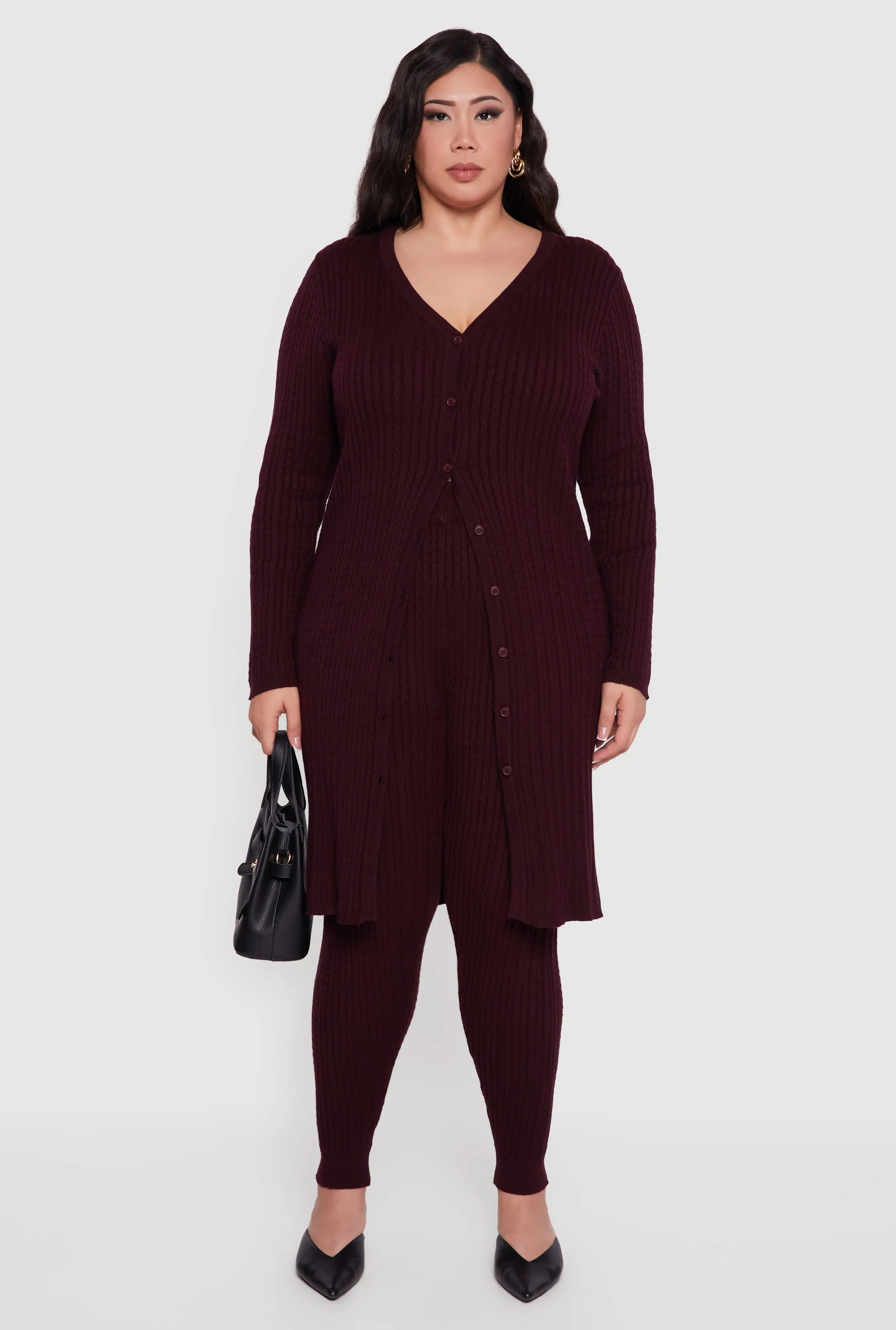 Plus Size Button Front Cable Knit Long Cardigan sold by Rainbow product image thumbnail 2