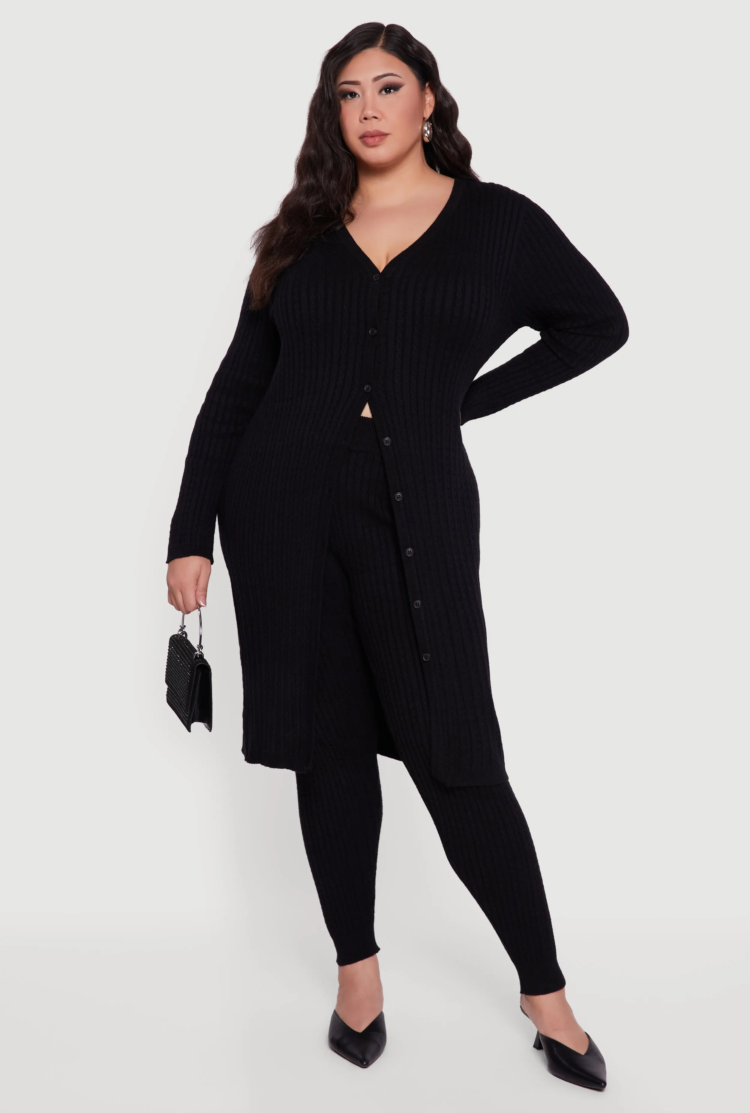 Plus Size Button Front Cable Knit Long Cardigan sold by Rainbow product image thumbnail 2