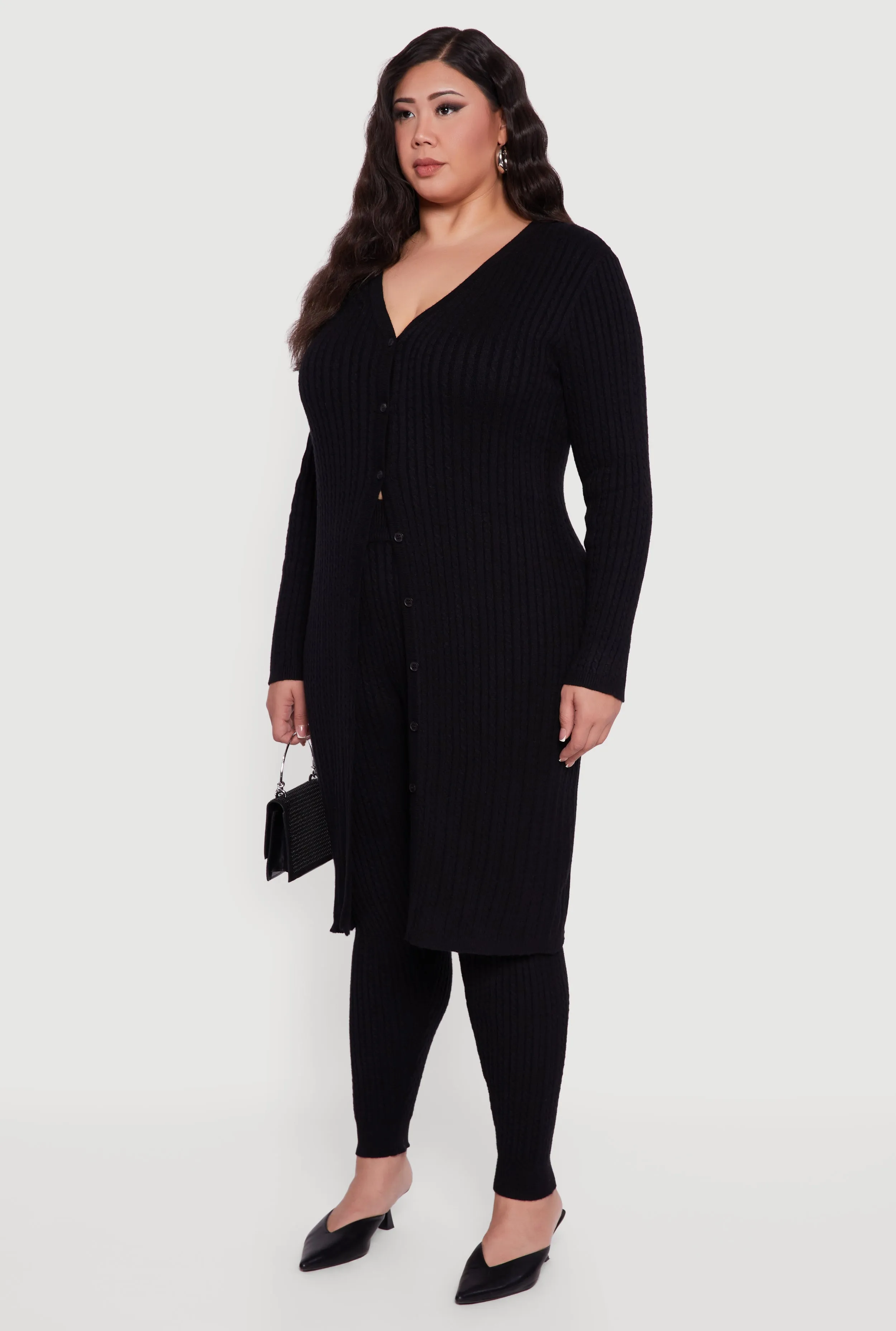 Plus Size Button Front Cable Knit Long Cardigan sold by Rainbow product image thumbnail 3