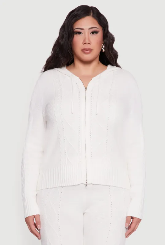 Plus Size Metallic Zip Front Cable Knit Sweater Hoodie sold by Rainbow