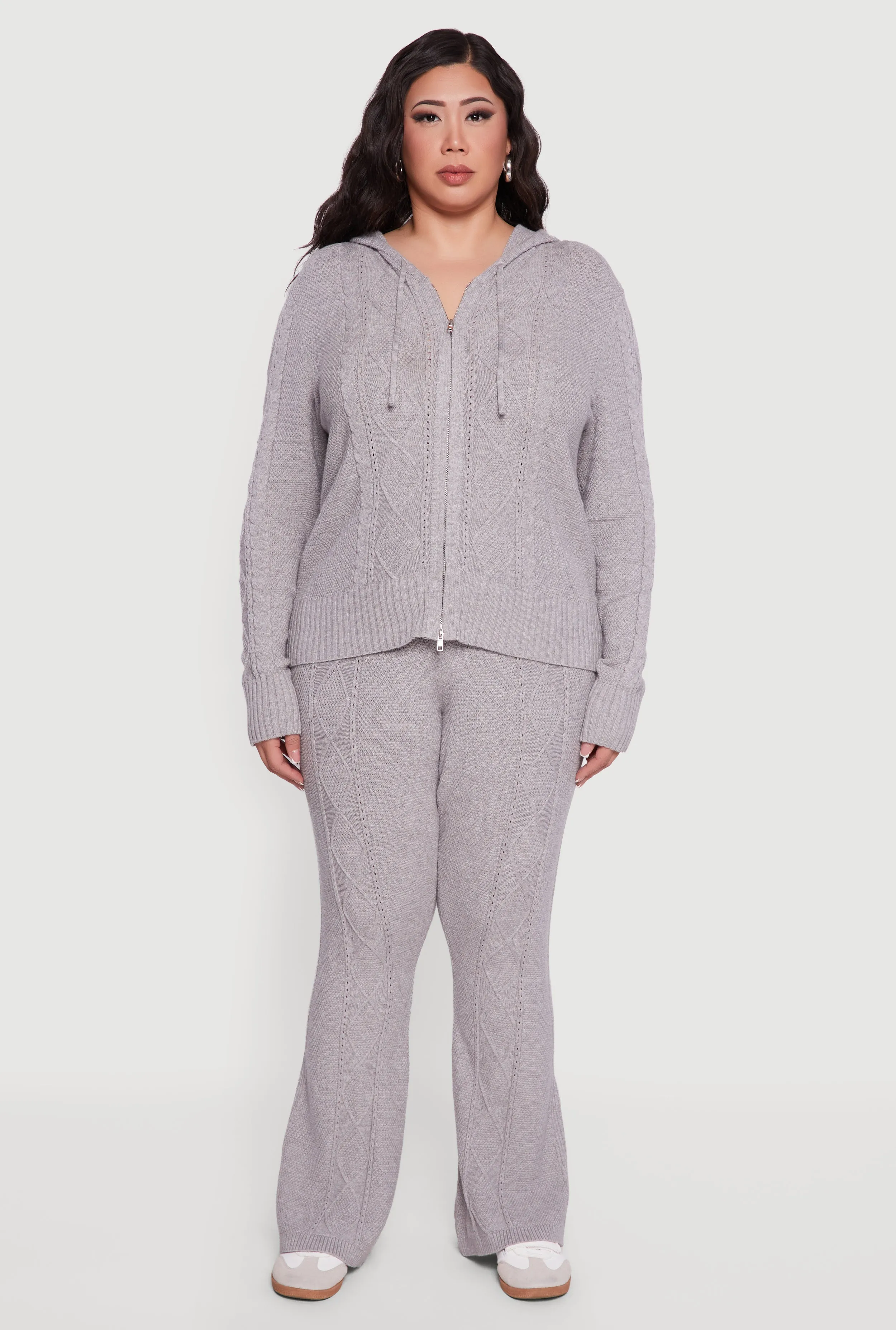 Plus Size Metallic Zip Front Cable Knit Sweater Hoodie sold by Rainbow product image thumbnail 3