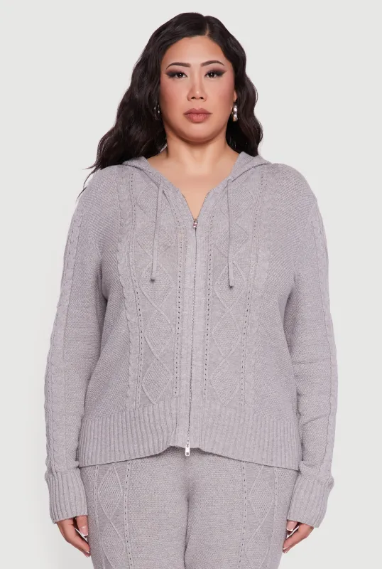 Plus Size Metallic Zip Front Cable Knit Sweater Hoodie sold by Rainbow