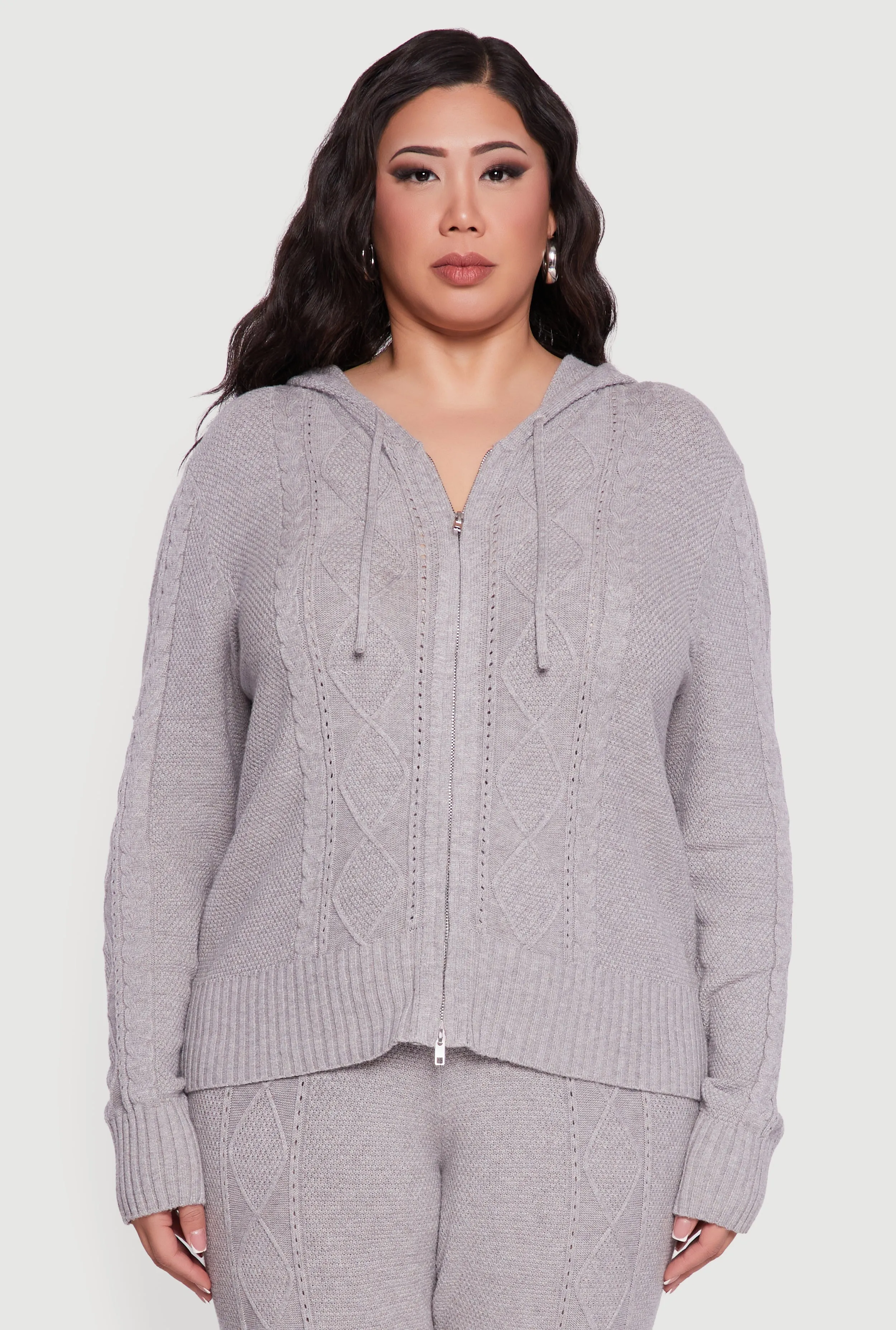Plus Size Metallic Zip Front Cable Knit Sweater Hoodie sold by Rainbow