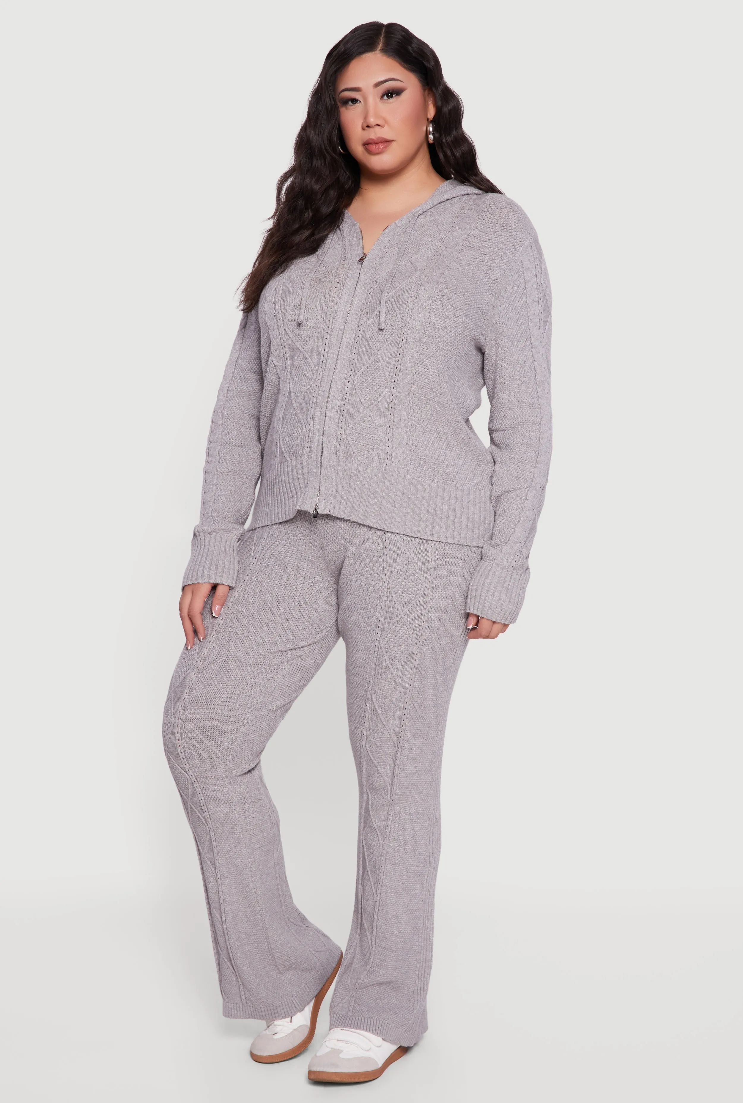 Plus Size Metallic Zip Front Cable Knit Sweater Hoodie sold by Rainbow product image thumbnail 2