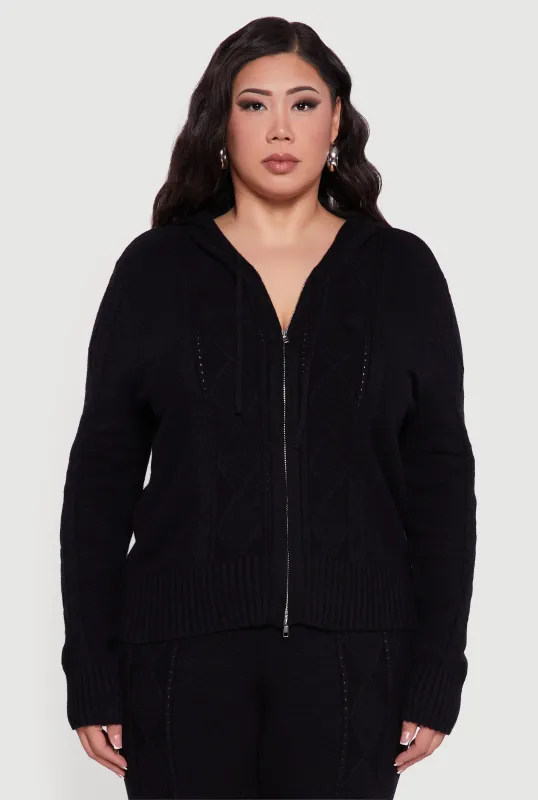 Plus Size Metallic Zip Front Cable Knit Sweater Hoodie sold by Rainbow