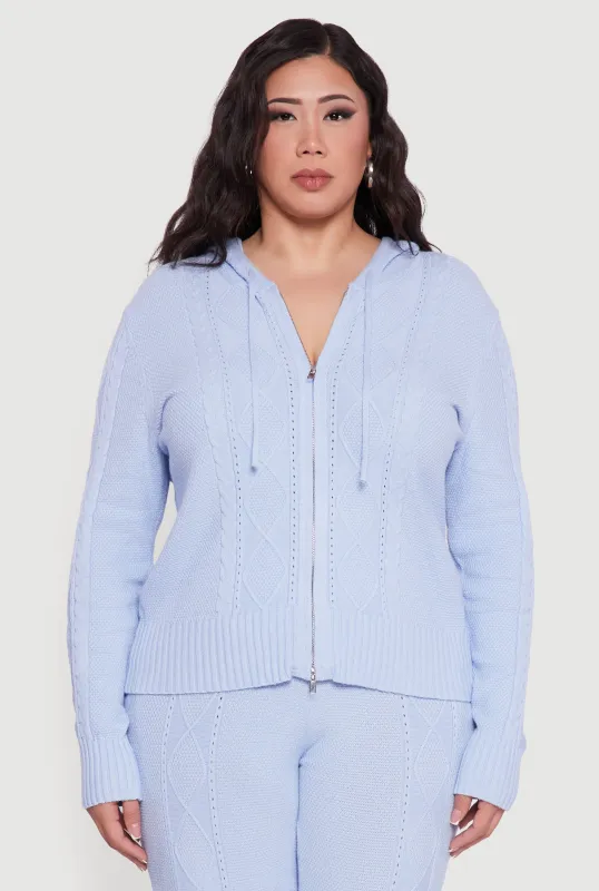 Plus Size Metallic Zip Front Cable Knit Sweater Hoodie sold by Rainbow
