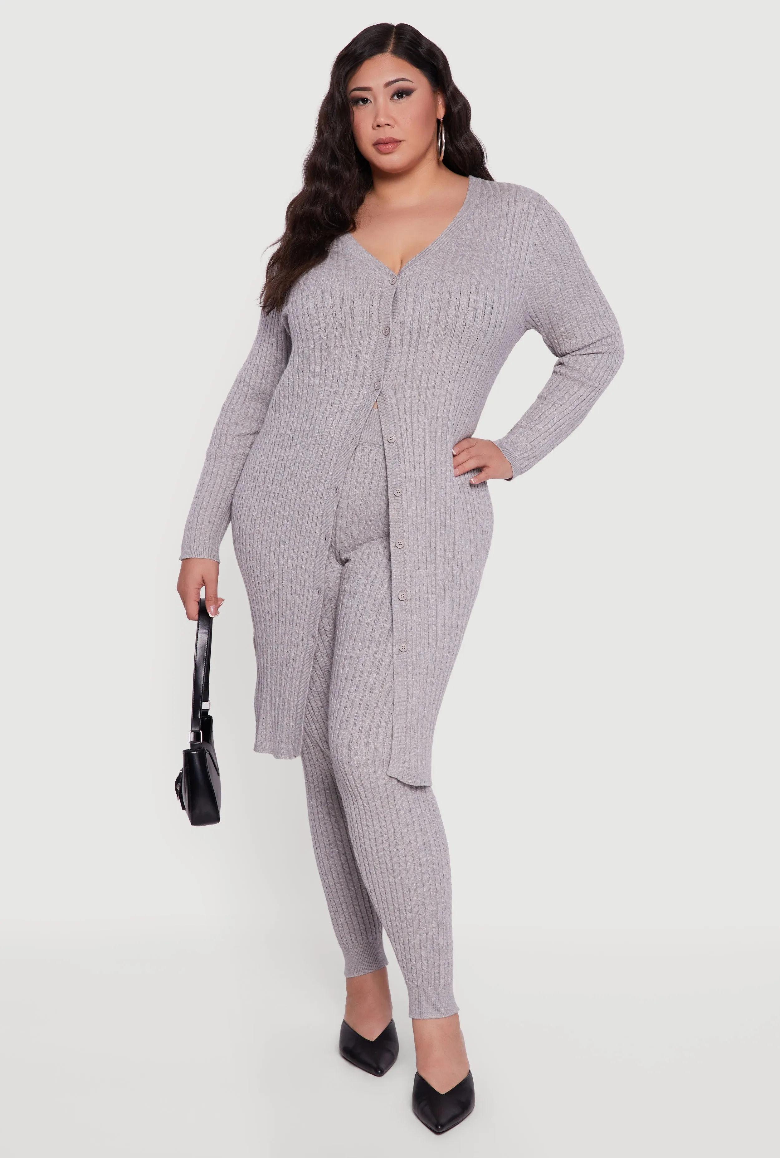 Plus Size Button Front Cable Knit Long Cardigan sold by Rainbow product image thumbnail 2