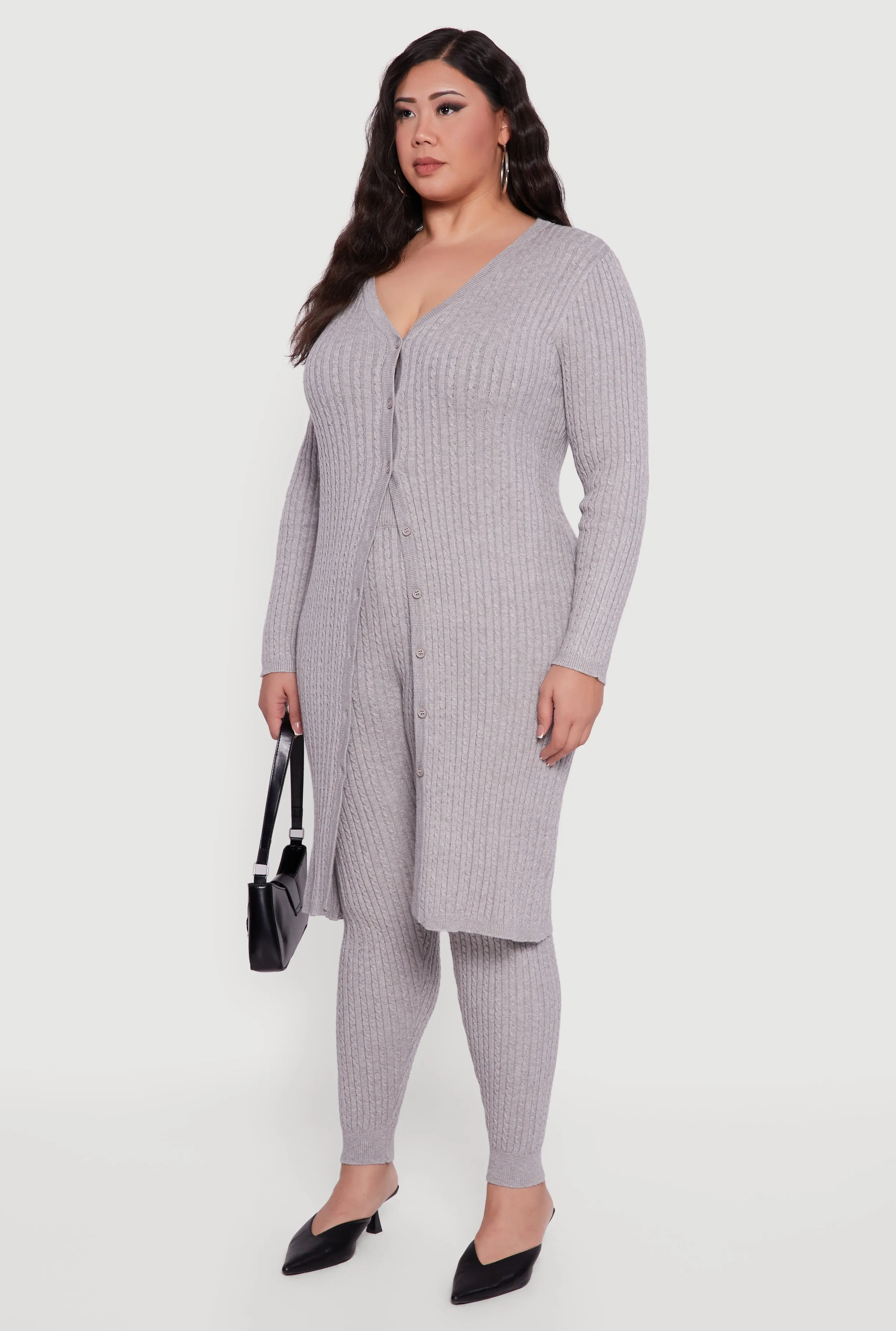 Plus Size Button Front Cable Knit Long Cardigan sold by Rainbow product image thumbnail 3