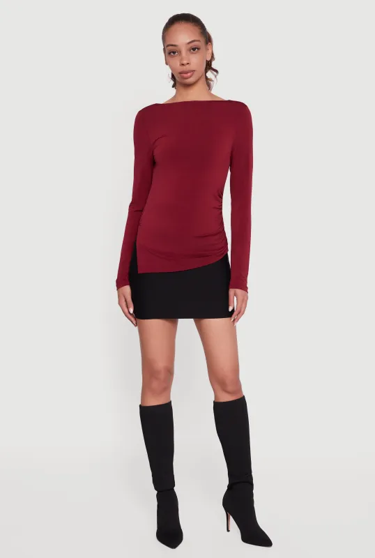 Long Sleeve Side Ruched Scoop Neck Blouse sold by Rainbow