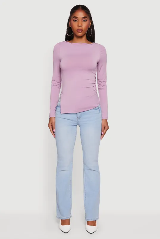 Long Sleeve Side Ruched Scoop Neck Blouse sold by Rainbow