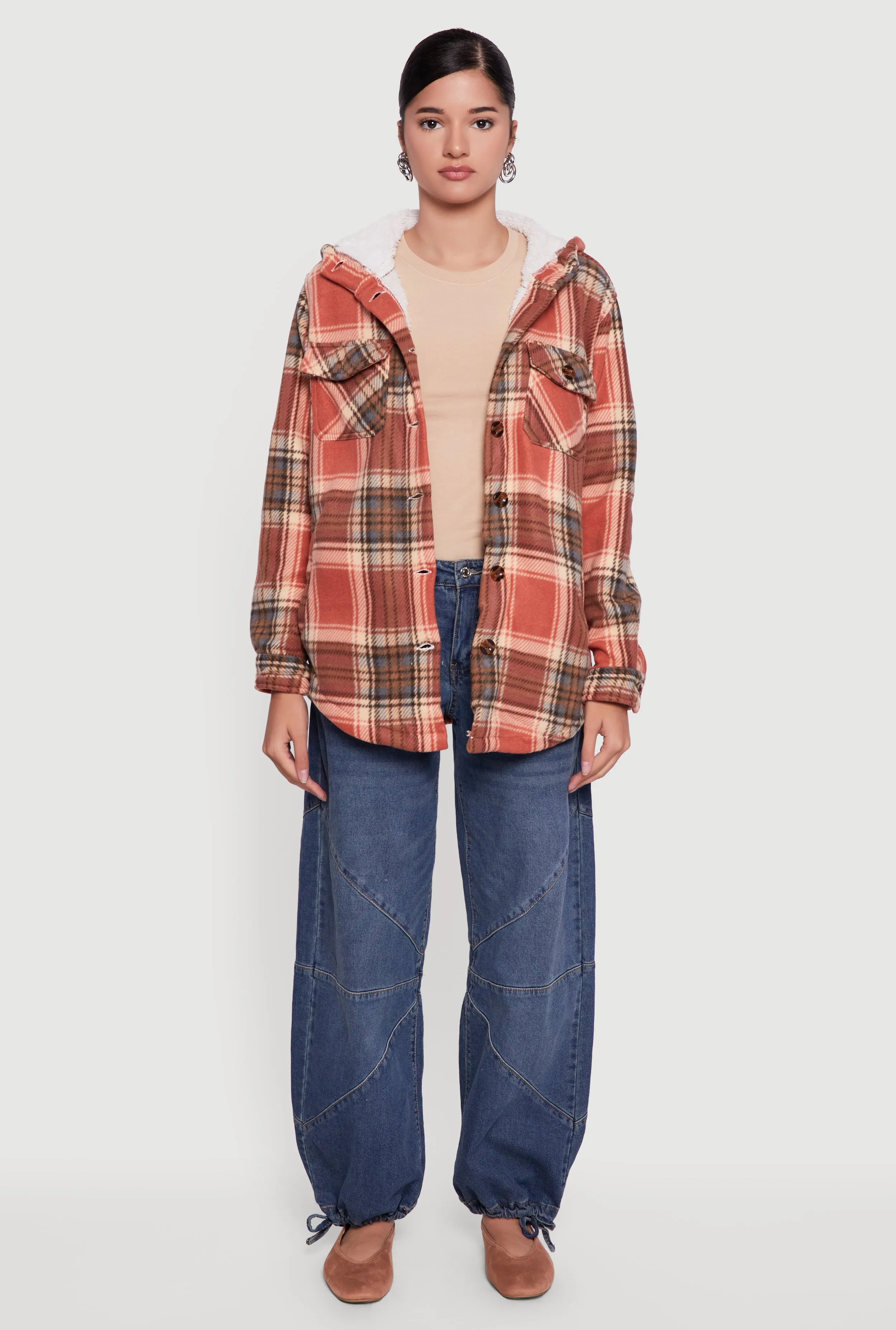 Plaid Sherpa Lined Hooded Button Front Shacket sold by Rainbow product image thumbnail 3