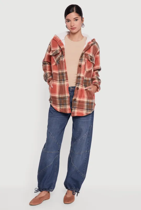 Plaid Sherpa Lined Hooded Button Front Shacket sold by Rainbow