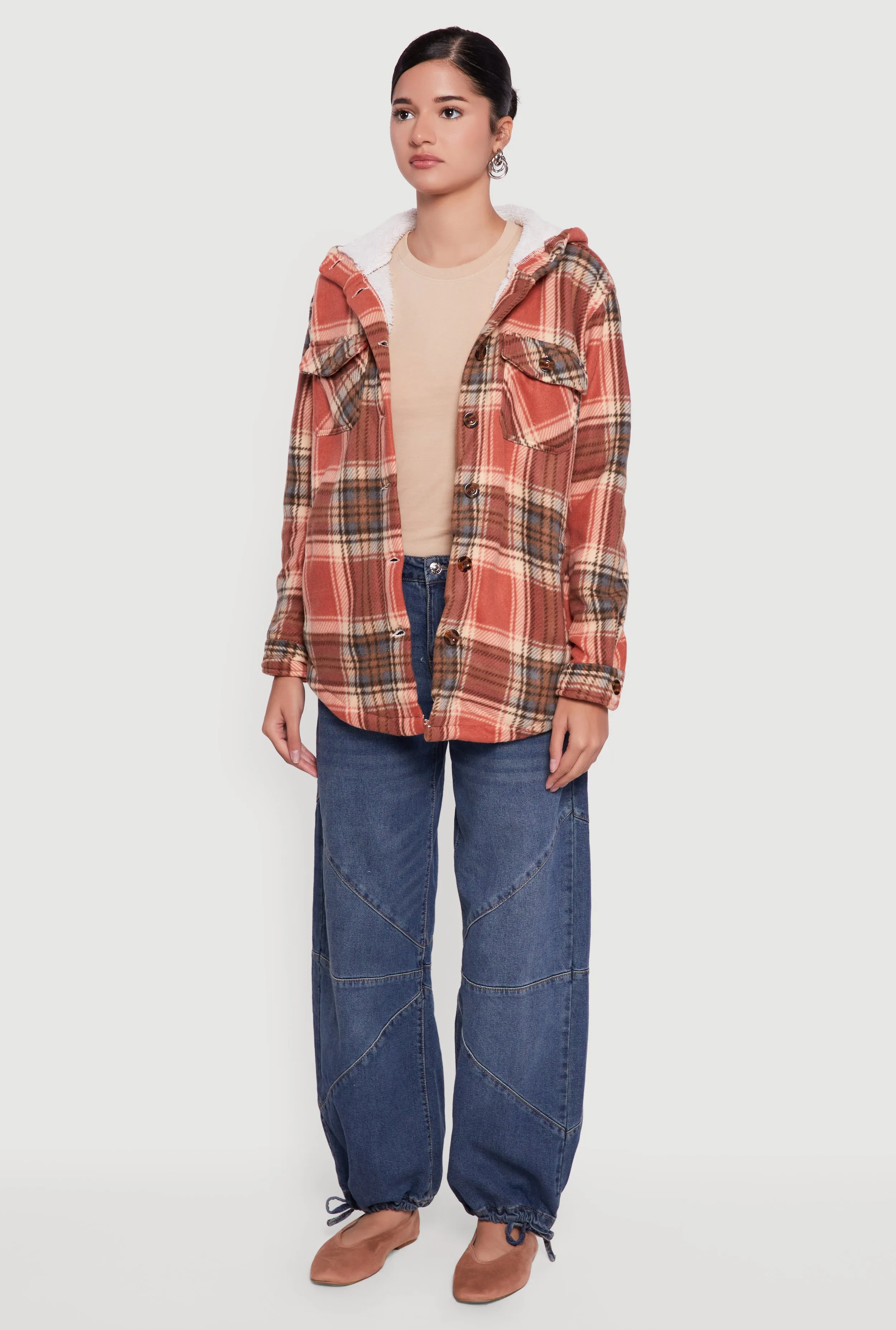 Plaid Sherpa Lined Hooded Button Front Shacket sold by Rainbow product image thumbnail 5