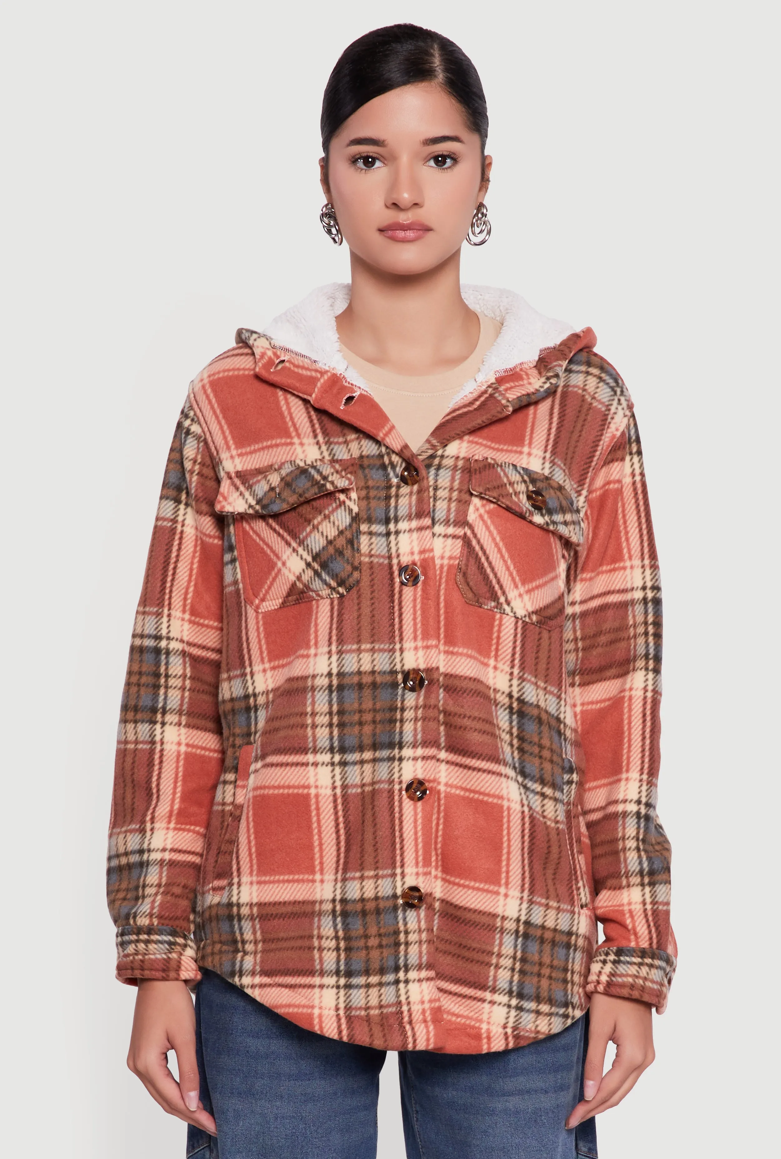 Plaid Sherpa Lined Hooded Button Front Shacket sold by Rainbow product image thumbnail 2