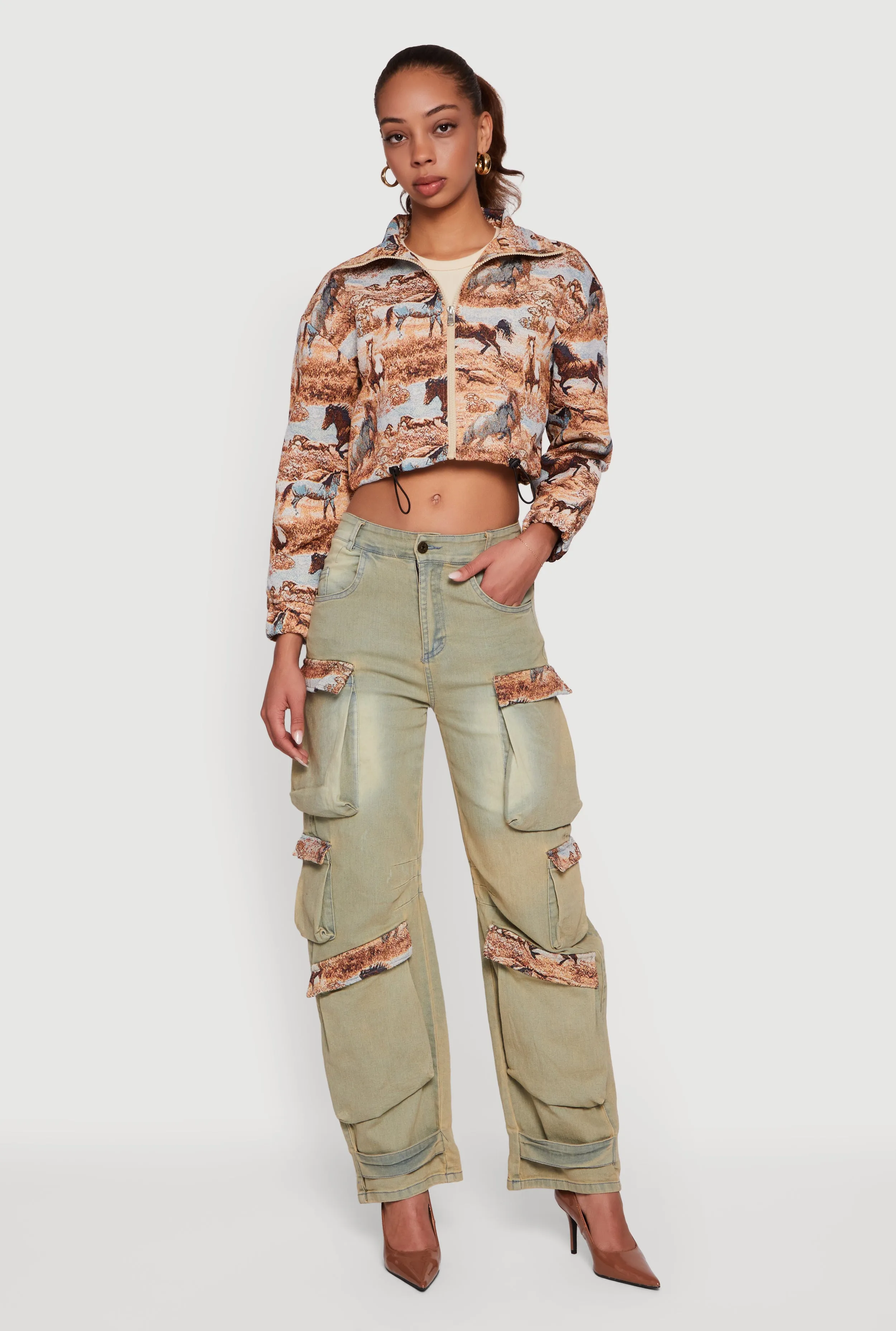 Jacquard Trim Cargo Pocket Acid Wash Jeans sold by Rainbow