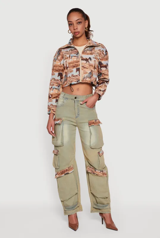 Jacquard Trim Cargo Pocket Acid Wash Jeans sold by Rainbow