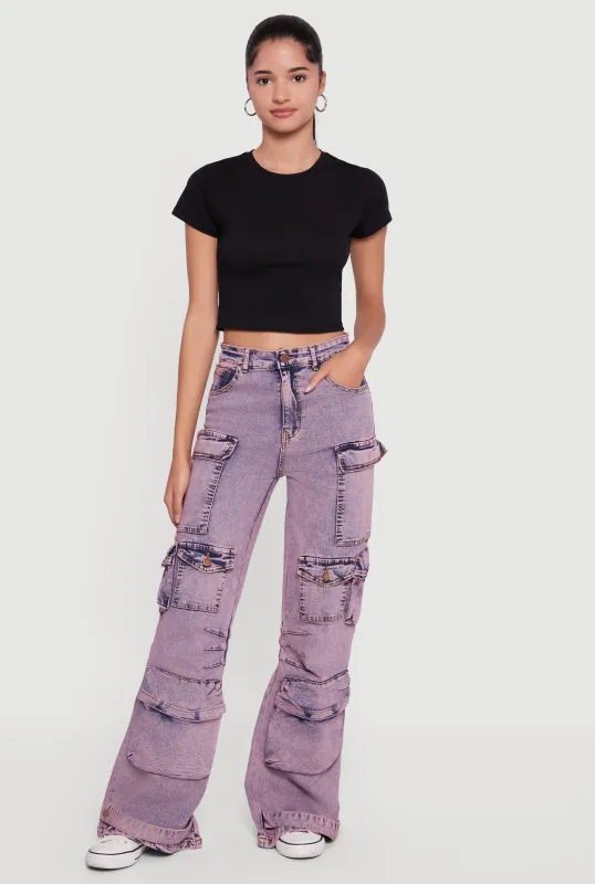 Acid Wash Flare Leg Utility Jeans sold by Rainbow