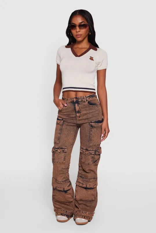 Acid Wash Flare Leg Utility Jeans sold by Rainbow