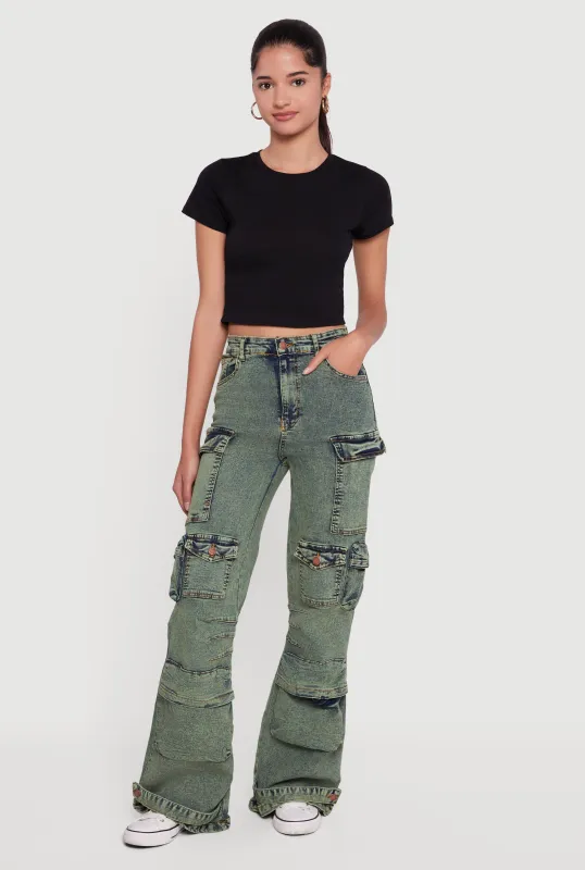 Acid Wash Flare Leg Utility Jeans sold by Rainbow