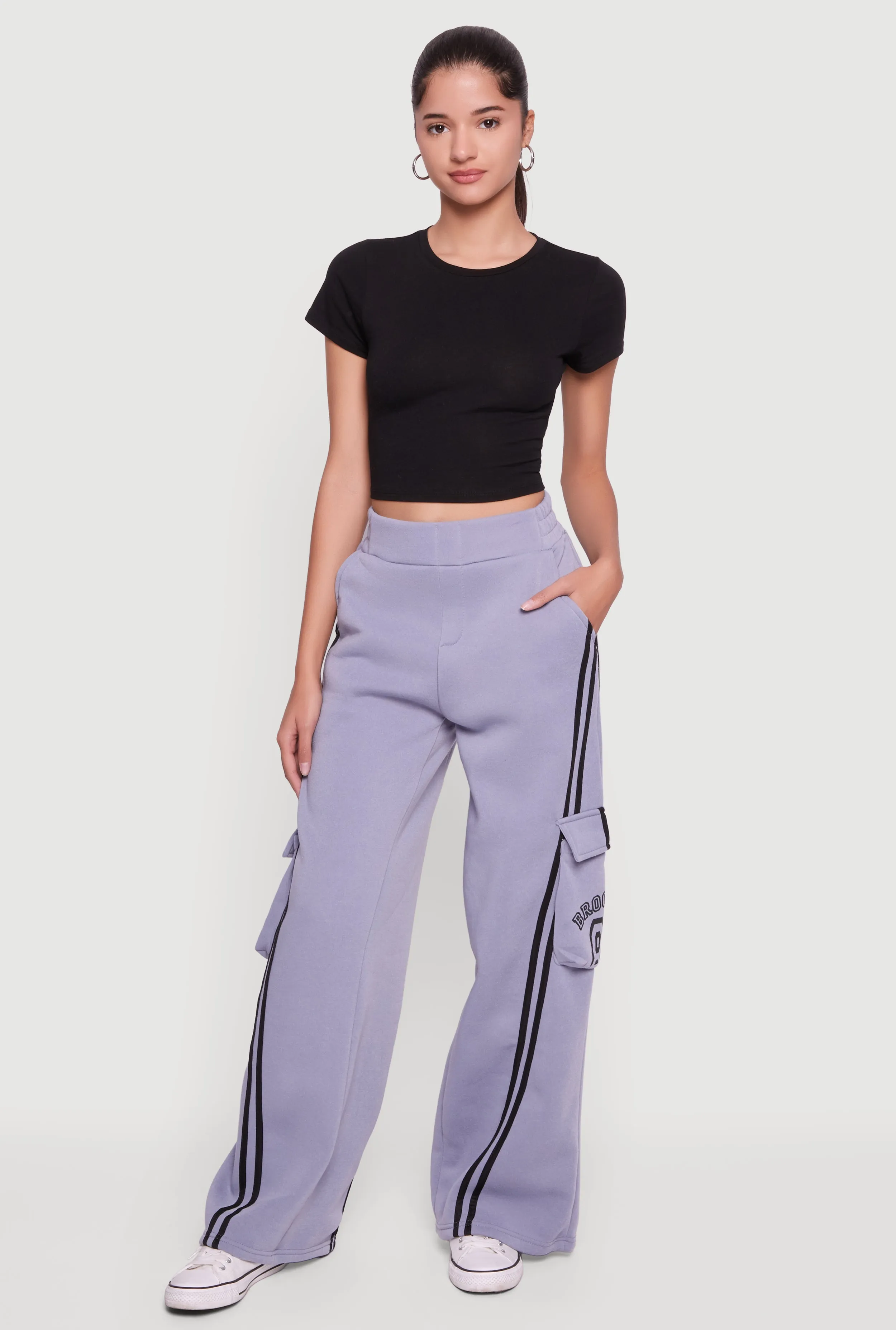 Brooklyn 83 Graphic Varsity Stripe Cargo Sweatpants sold by Rainbow