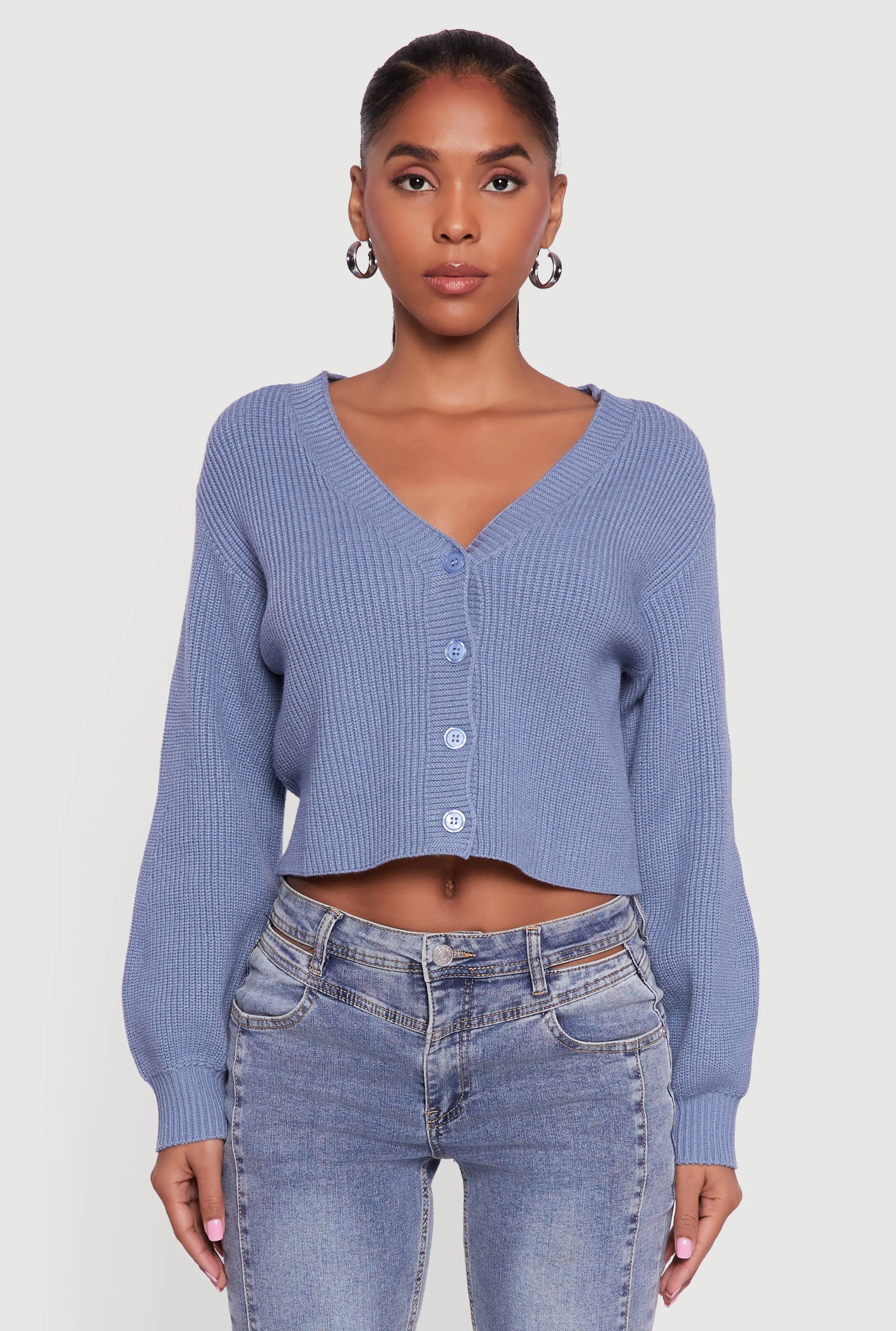 Rib Knit Cropped V-Neck Button Front Cardigan sold by Rainbow product image thumbnail 2