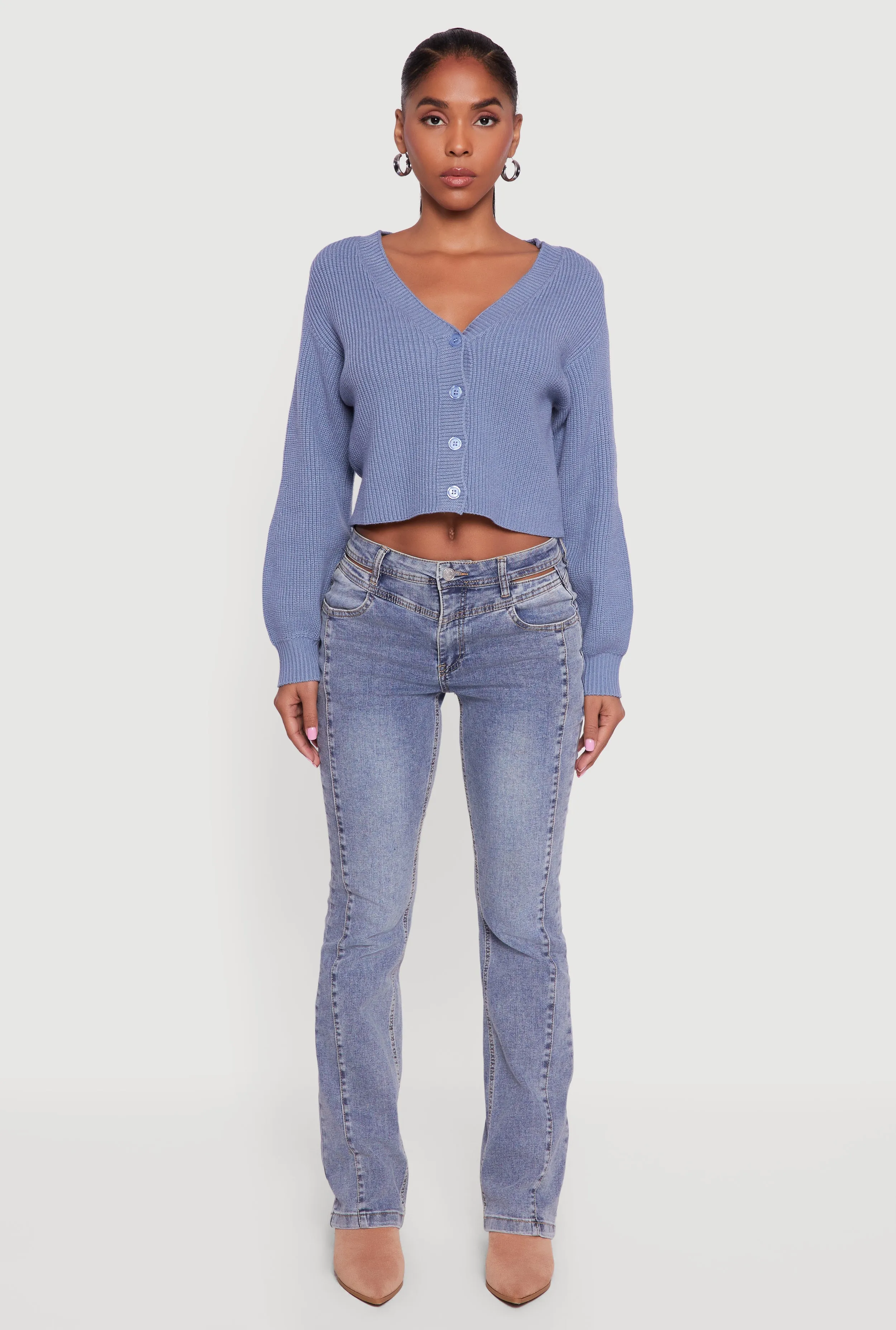 Rib Knit Cropped V-Neck Button Front Cardigan sold by Rainbow product image thumbnail 3