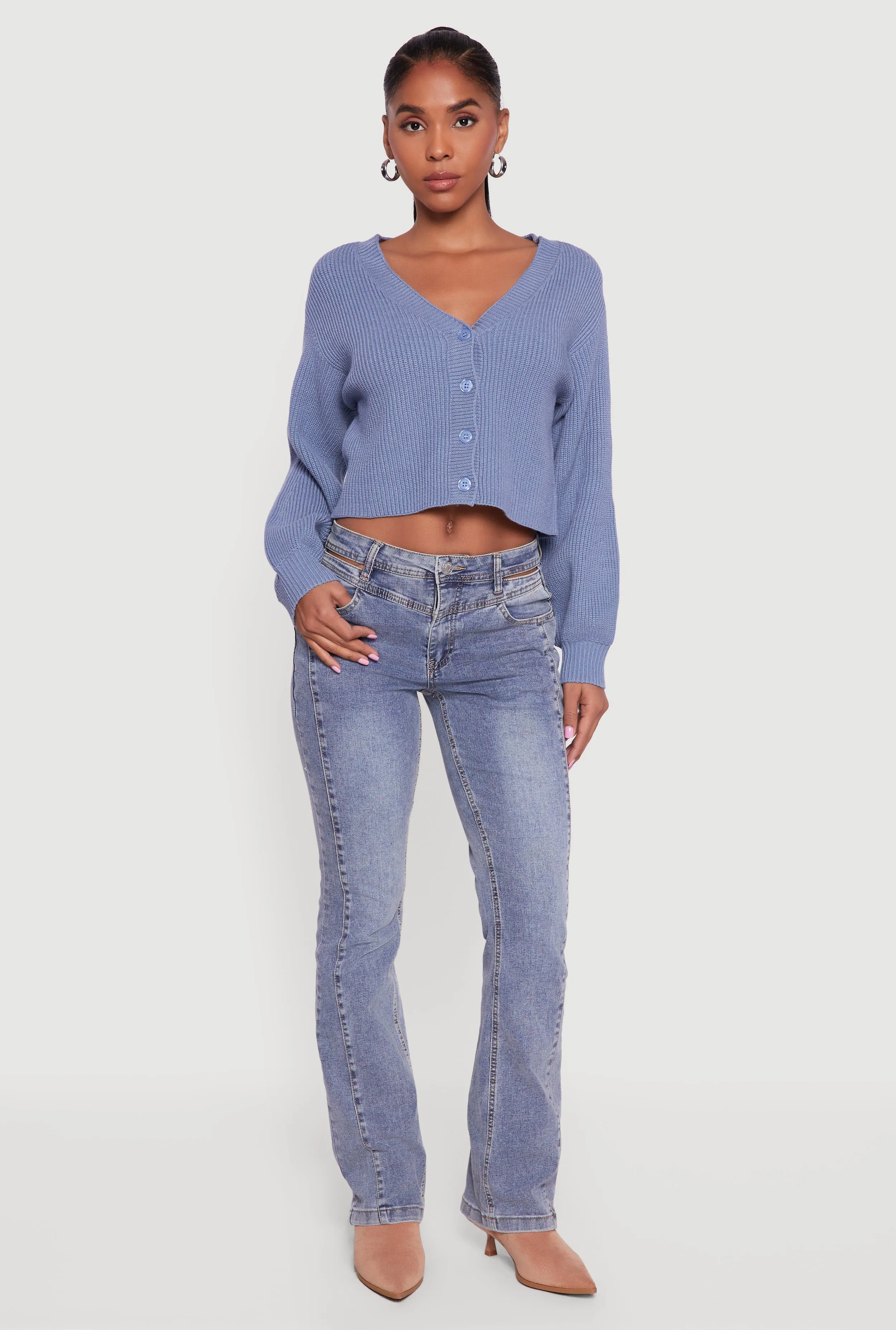 Rib Knit Cropped V-Neck Button Front Cardigan sold by Rainbow