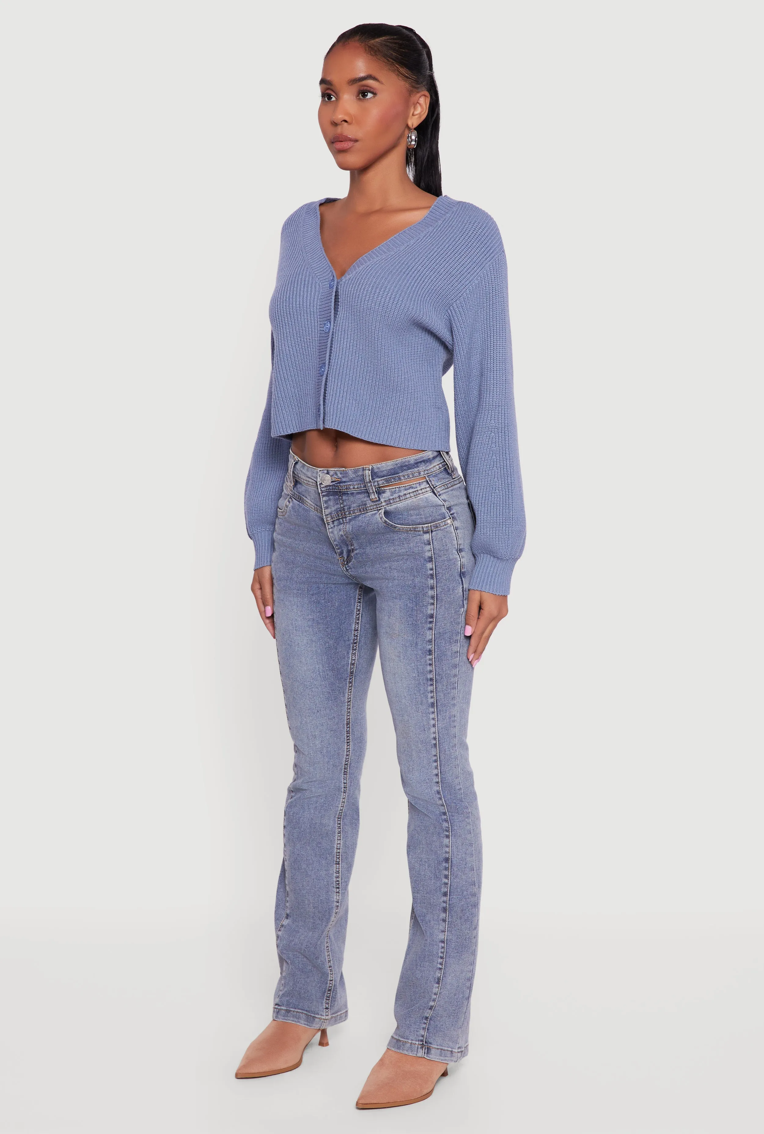 Rib Knit Cropped V-Neck Button Front Cardigan sold by Rainbow product image thumbnail 5