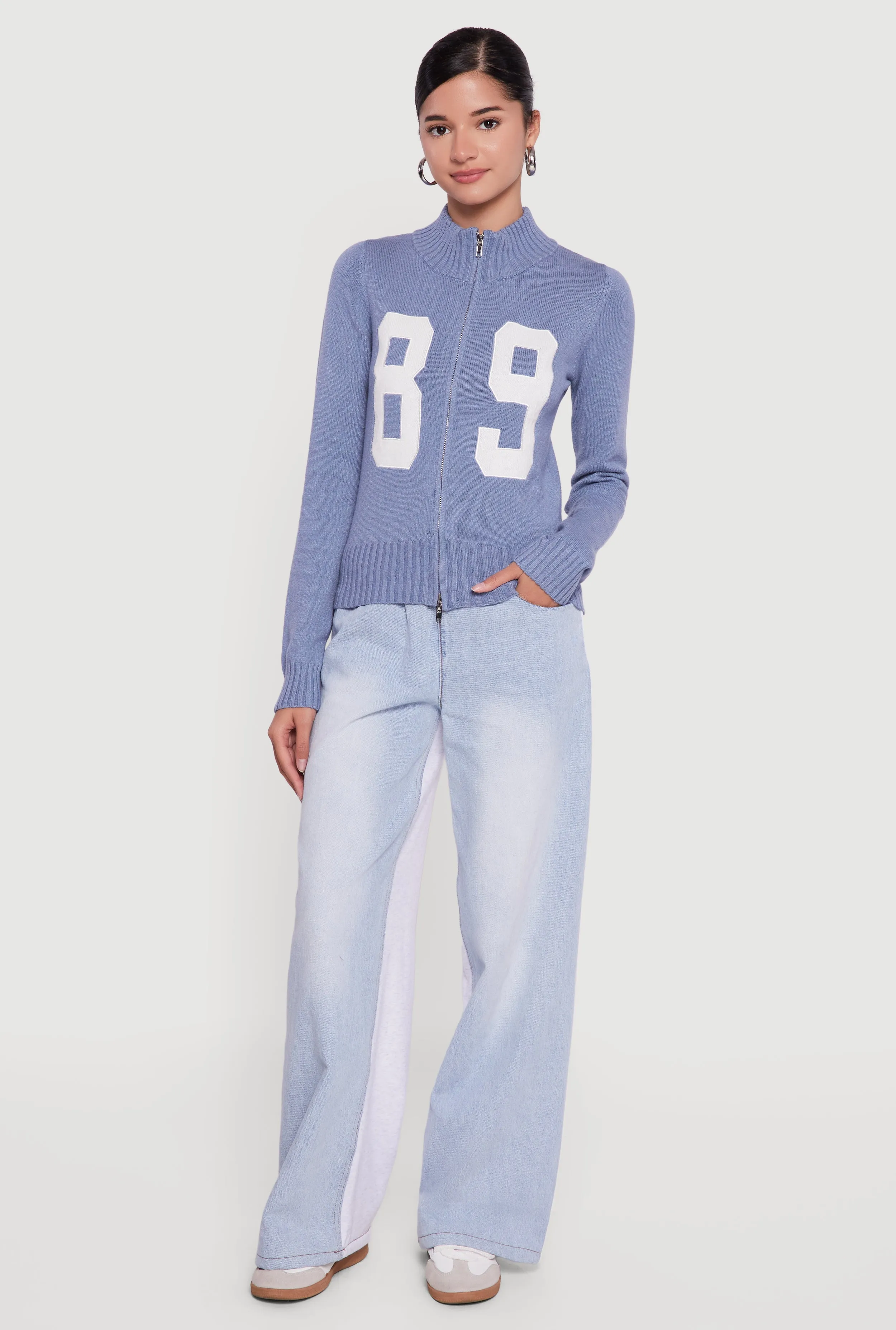89 Graphic Mock Neck Zip Front Cardigan sold by Rainbow