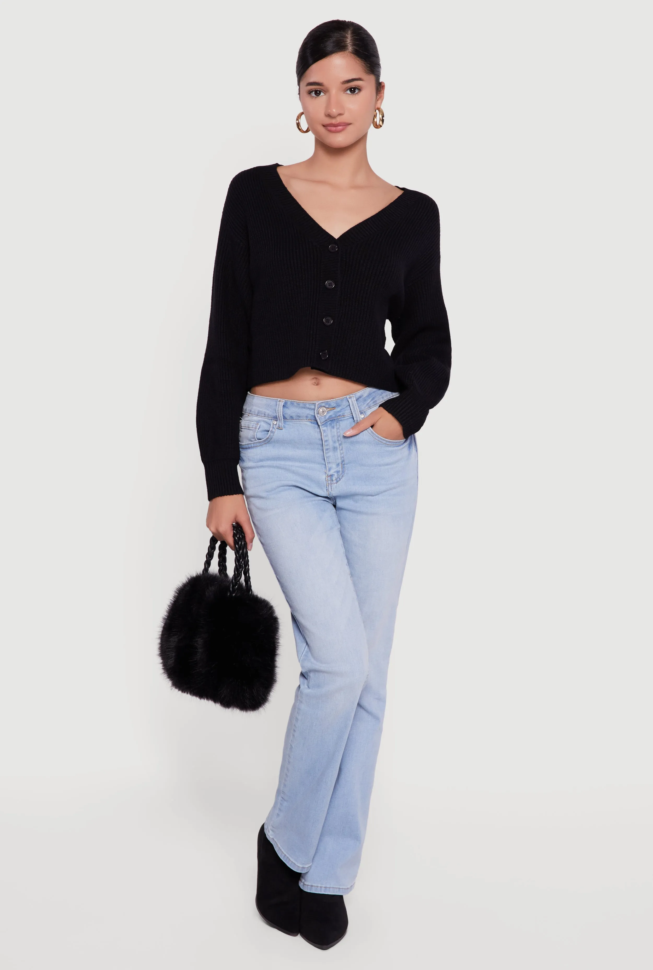 Rib Knit Cropped V-Neck Button Front Cardigan sold by Rainbow