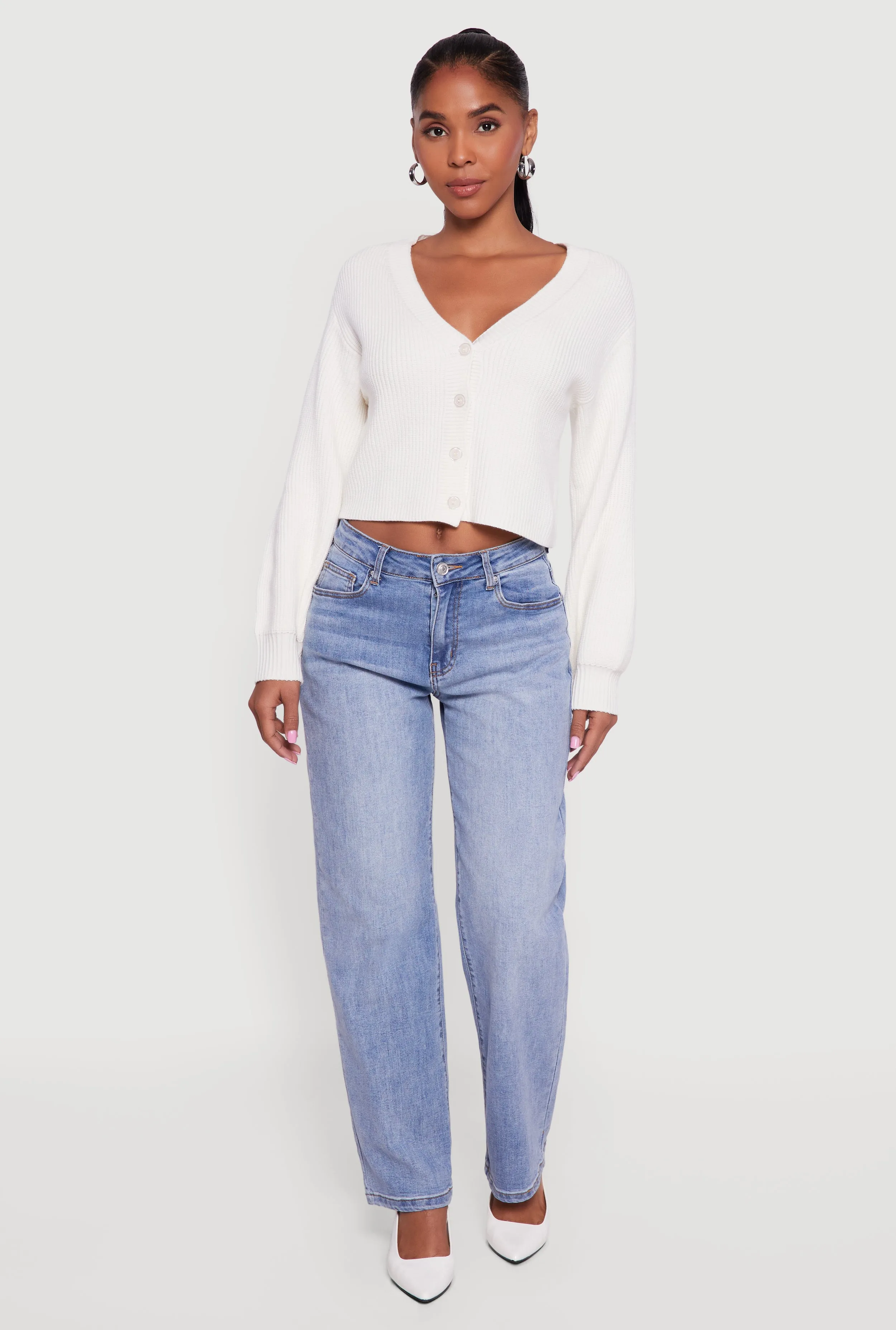 Rib Knit Cropped V-Neck Button Front Cardigan sold by Rainbow product image thumbnail 2