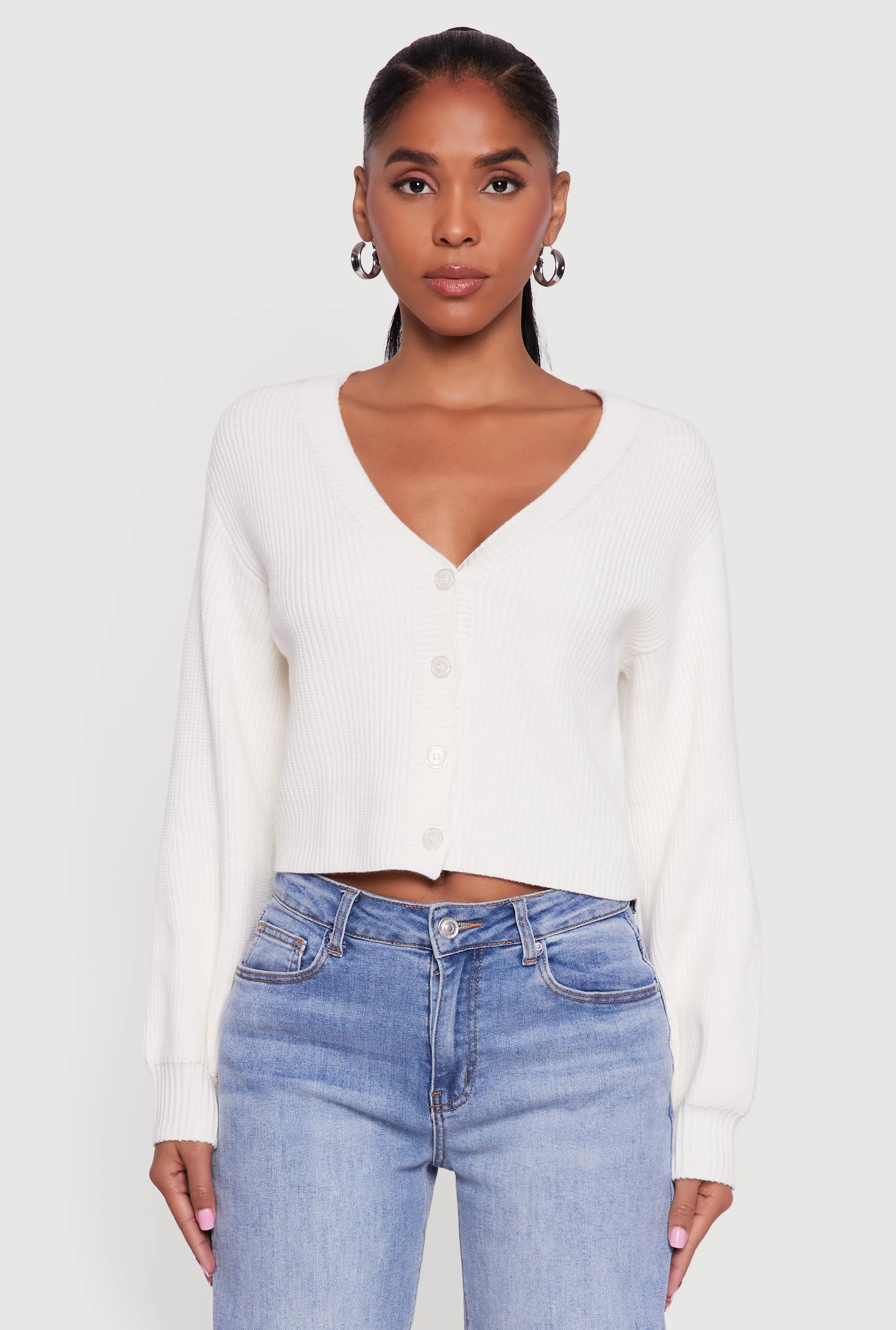 Rib Knit Cropped V-Neck Button Front Cardigan sold by Rainbow product image thumbnail 2