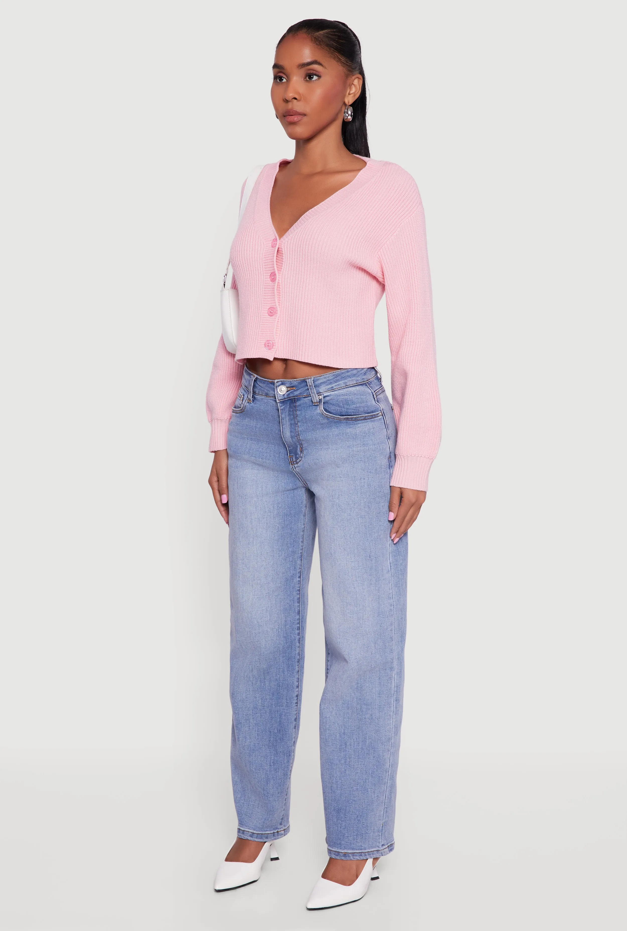 Rib Knit Cropped V-Neck Button Front Cardigan sold by Rainbow product image thumbnail 5