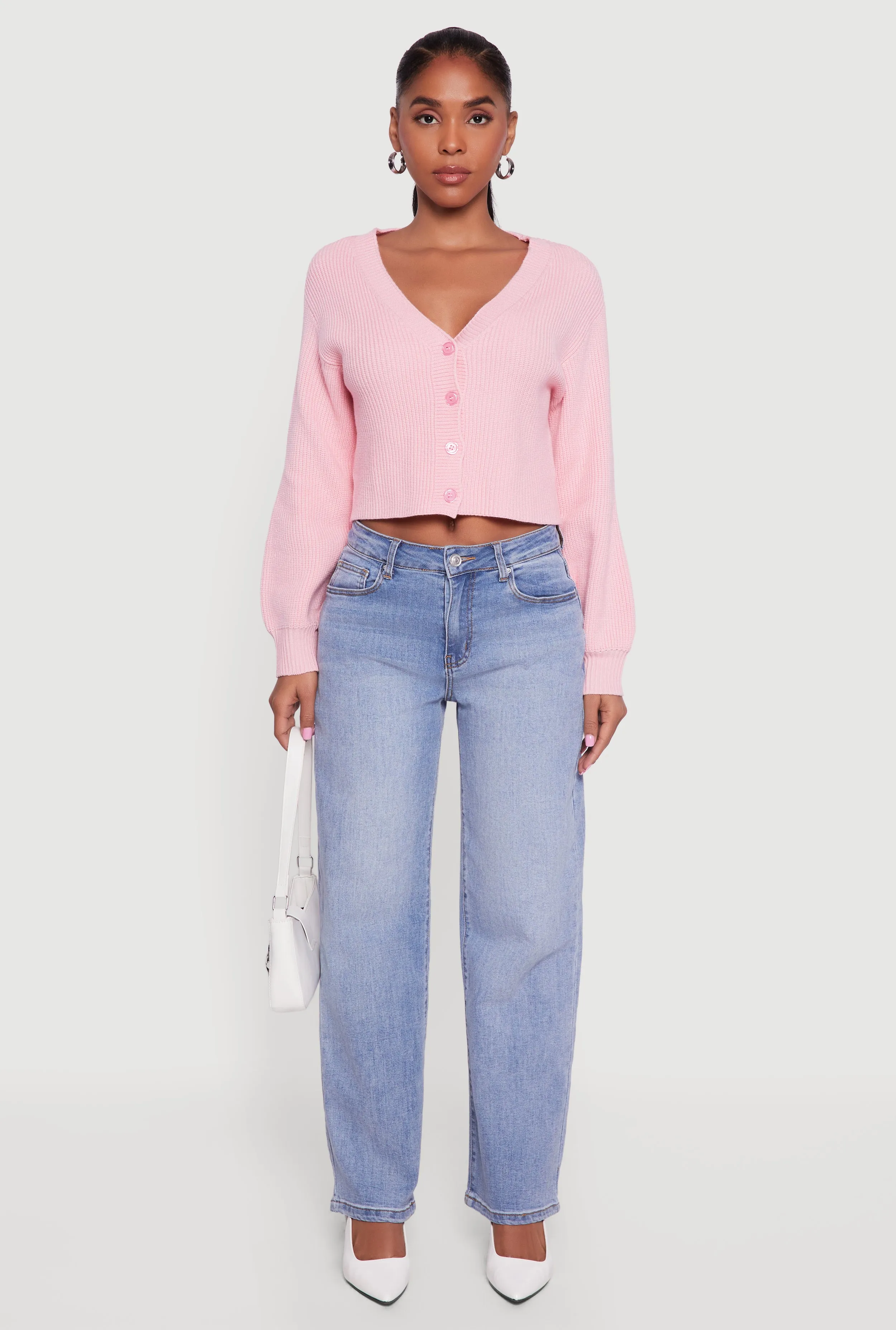 Rib Knit Cropped V-Neck Button Front Cardigan sold by Rainbow product image thumbnail 3