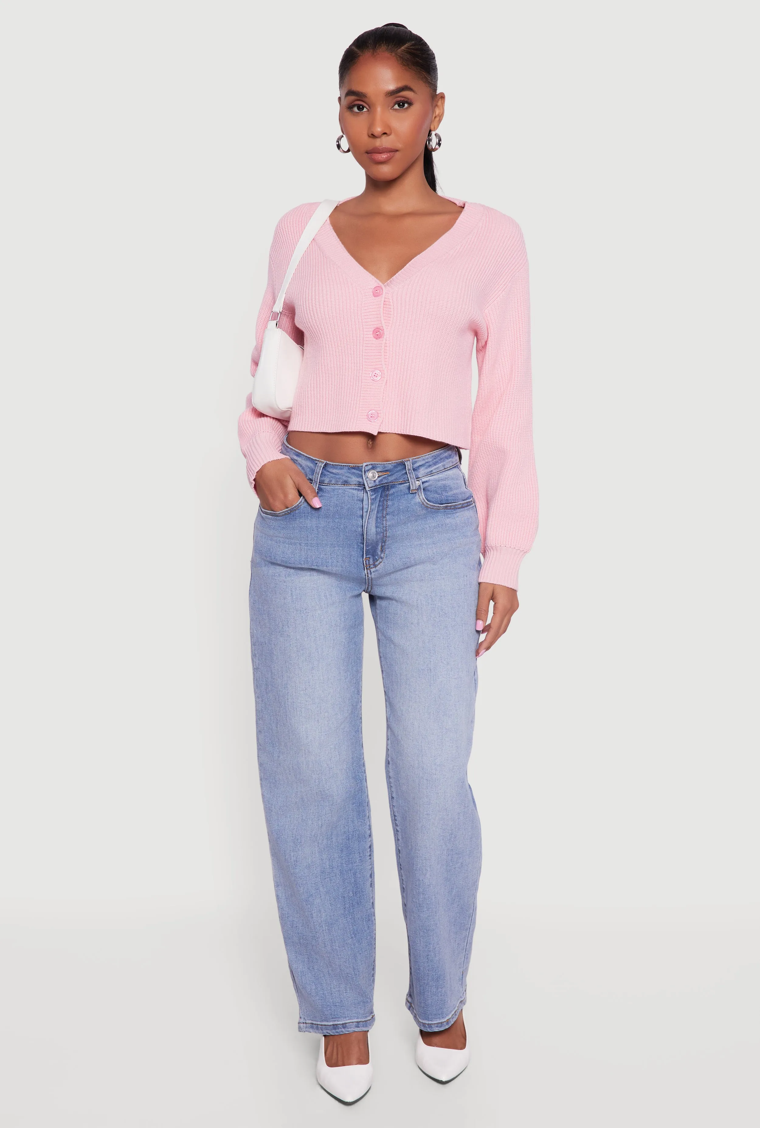 Rib Knit Cropped V-Neck Button Front Cardigan sold by Rainbow