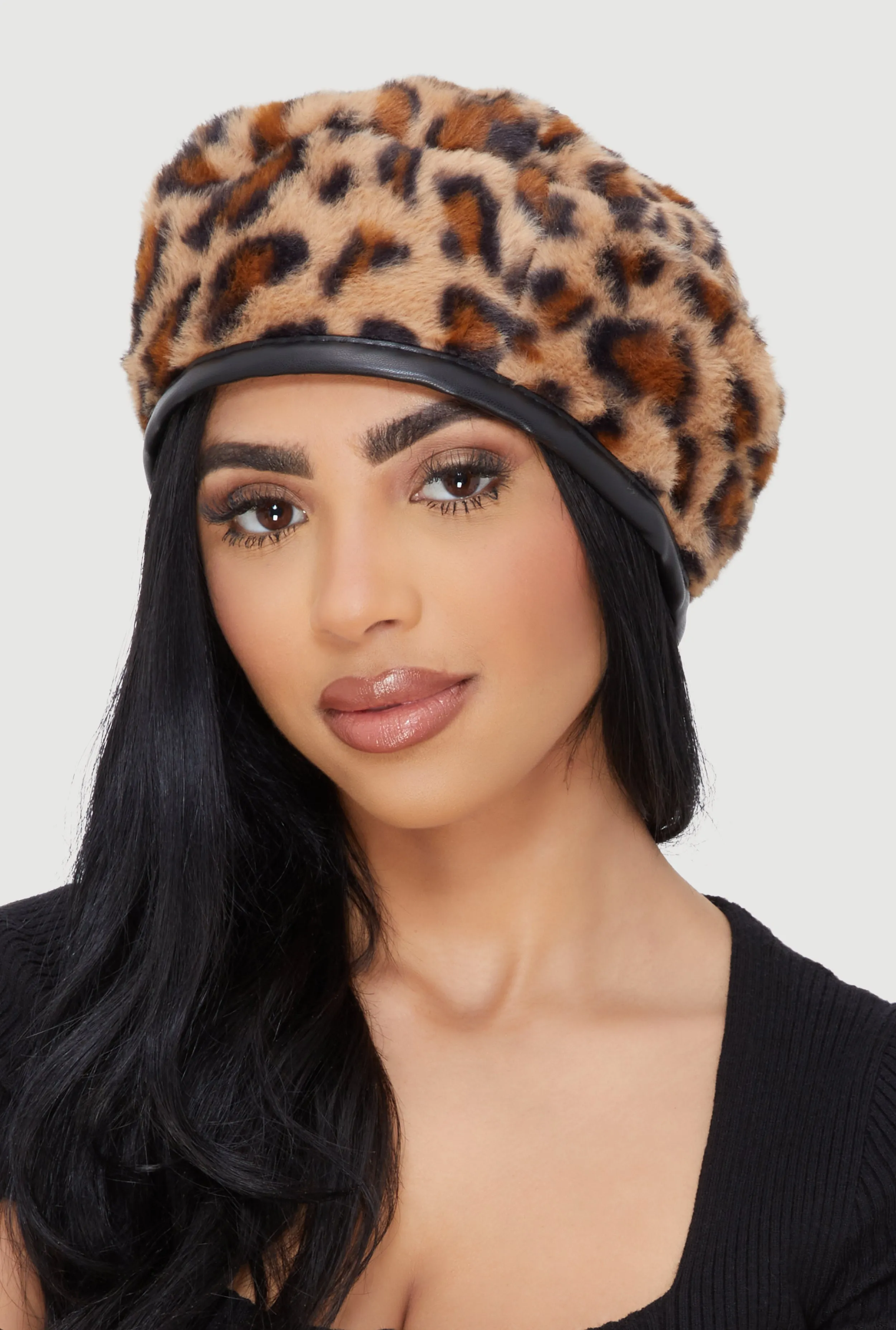 Faux Fur Beret with Faux Leather Trim sold by Rainbow product image thumbnail 2