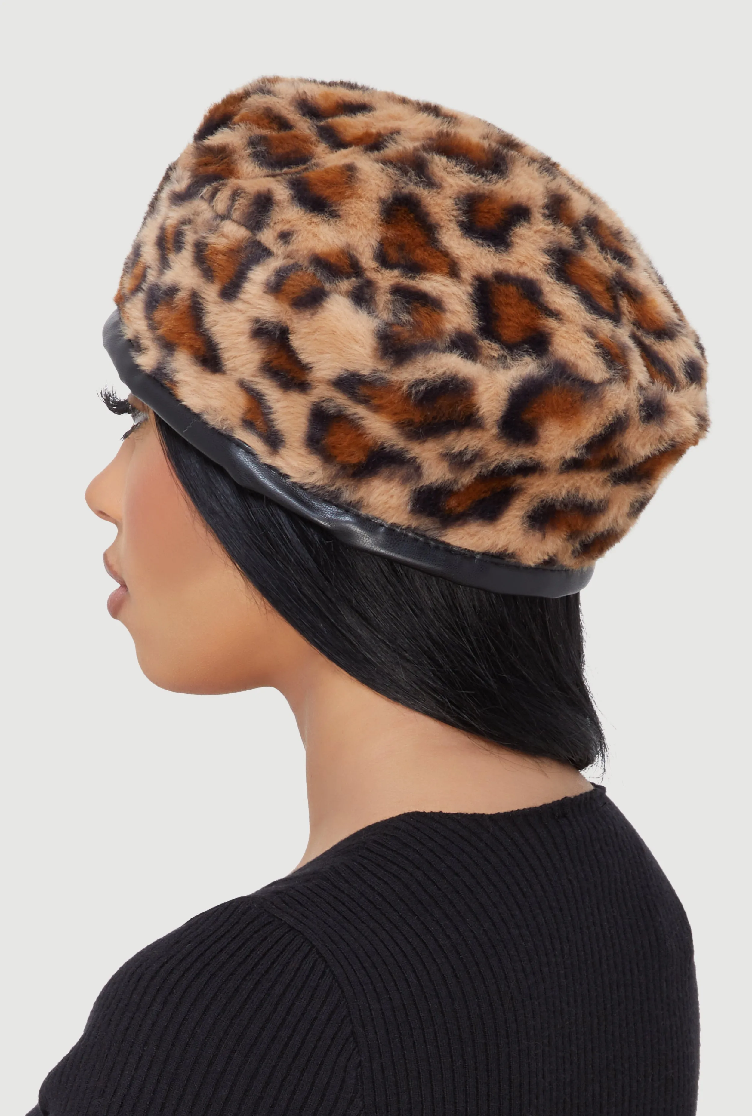 Faux Fur Beret with Faux Leather Trim sold by Rainbow product image thumbnail 3