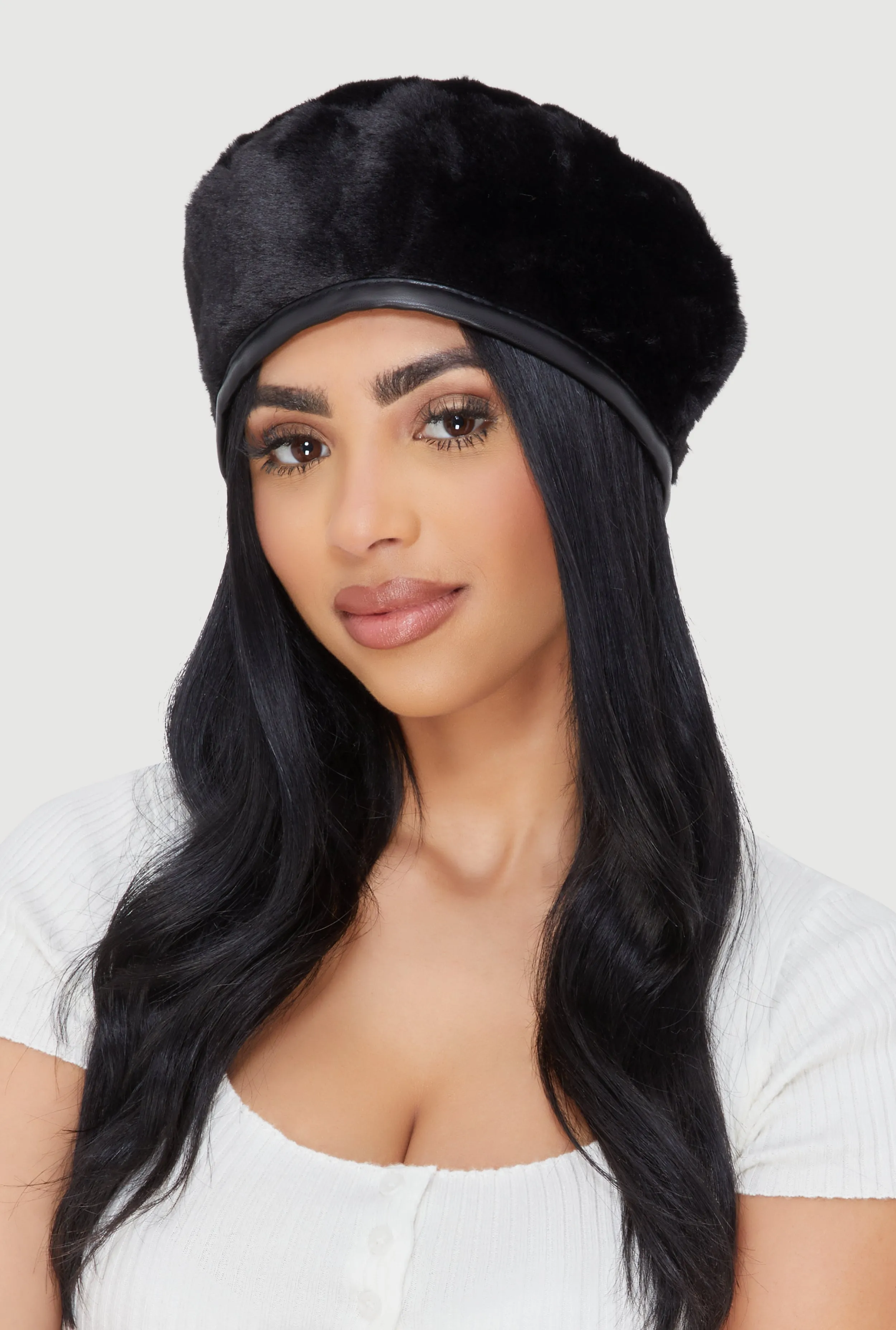 Faux Fur Beret with Faux Leather Trim sold by Rainbow product image thumbnail 2